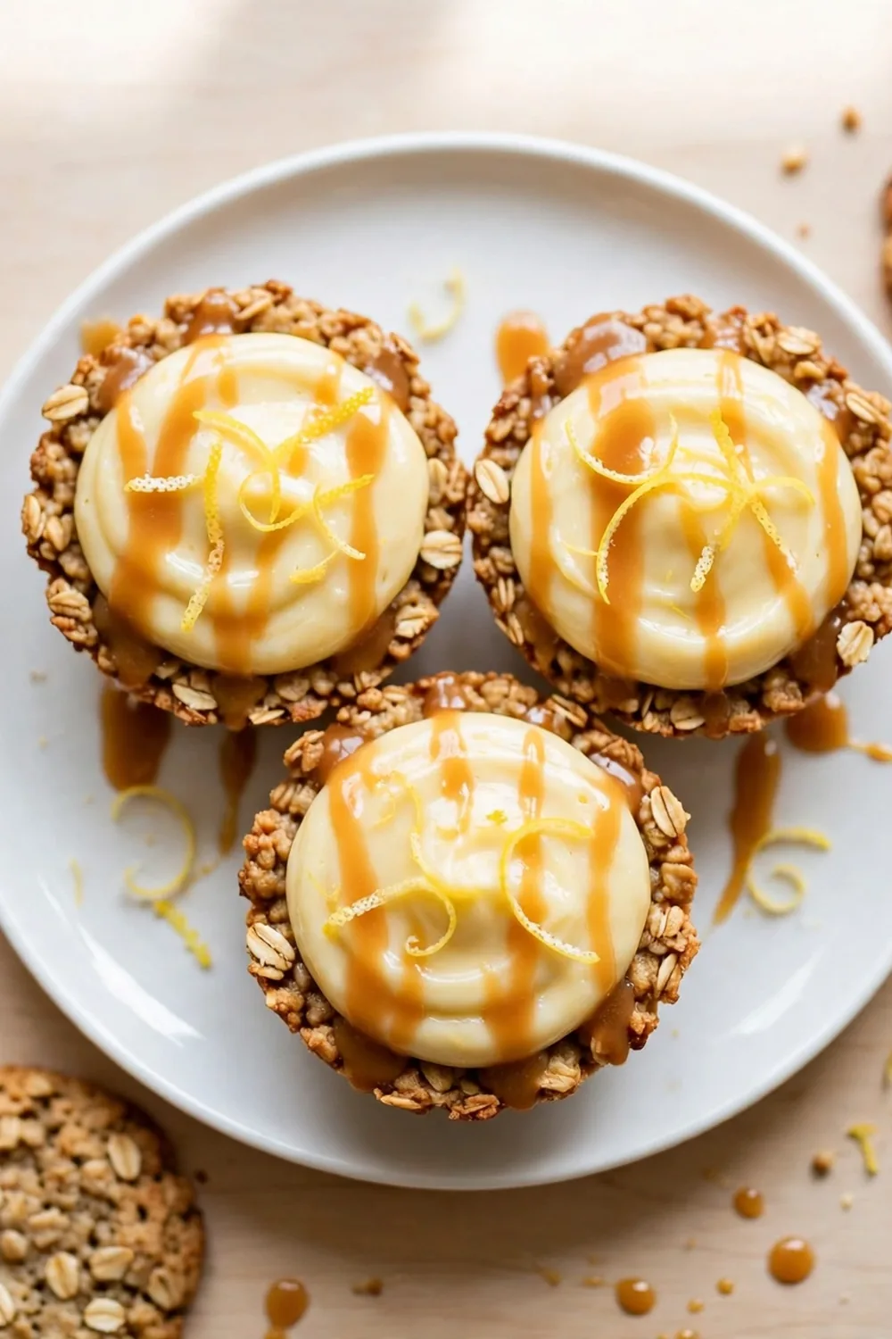 Oatmeal cookie sandwich pie with lemon caramel filling, lemon zest, and cream on a white plate
