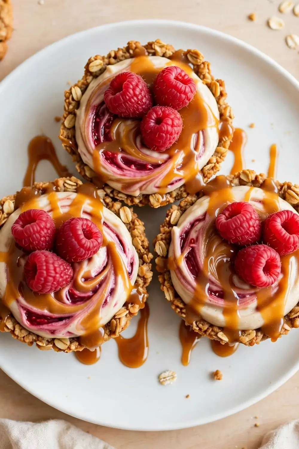Oatmeal cookie sandwich pie with raspberry caramel ribbon and fresh raspberries on a white plate
