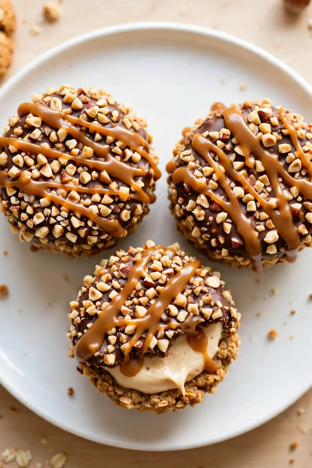 Oatmeal cookie sandwich pie with hazelnut crunch coating and chocolate shell on a white plate