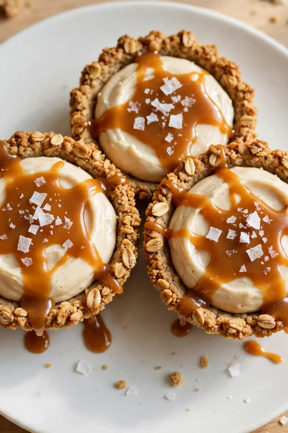 Oatmeal cookie sandwich pie with sea salt flakes over caramel drizzle on a white plate