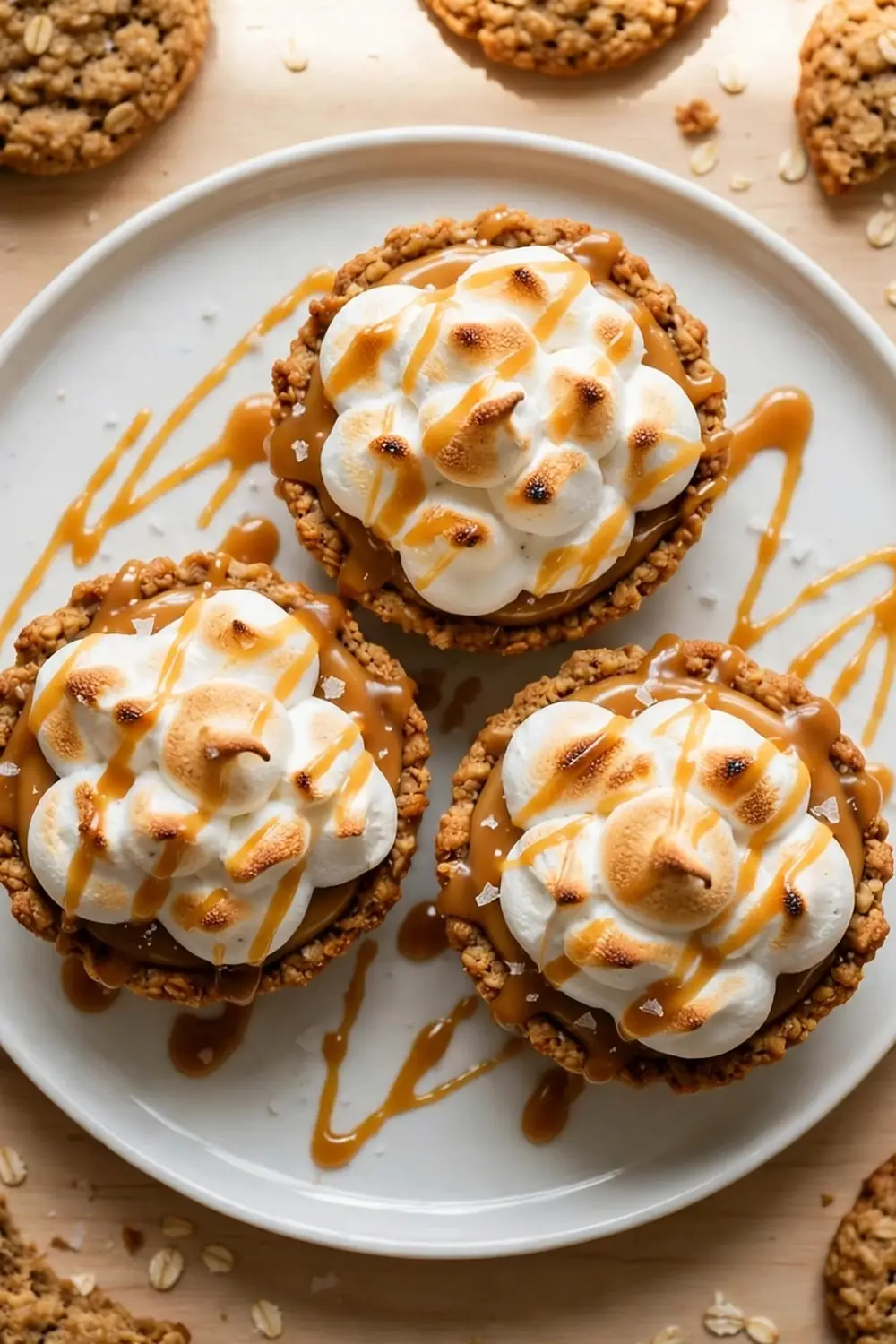 Oatmeal cookie sandwich pie with marshmallow cream cloud filling and toasted top on a white plate