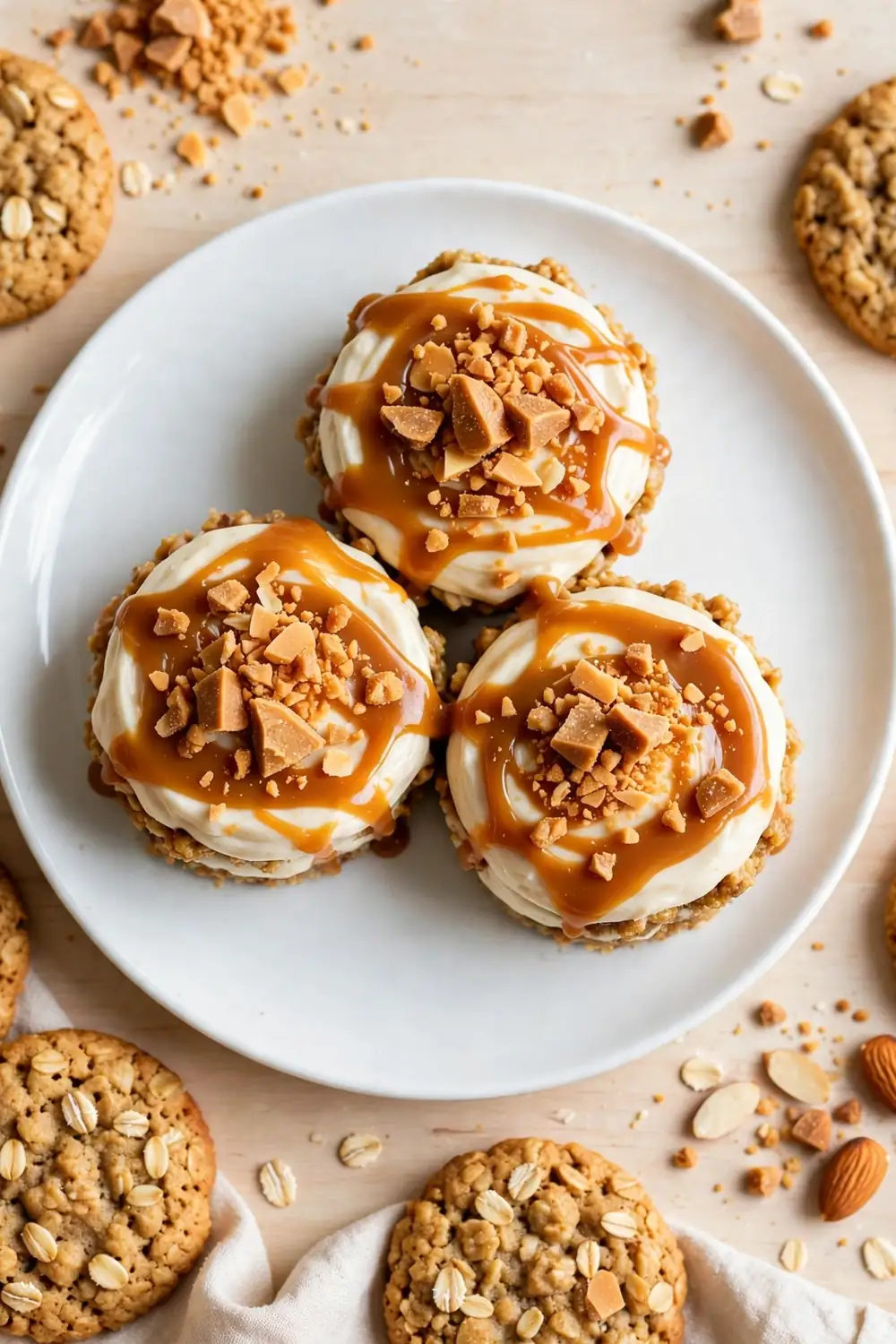 Oatmeal cookie sandwich pie with almond toffee crunch topping and caramel drizzle on a white plate