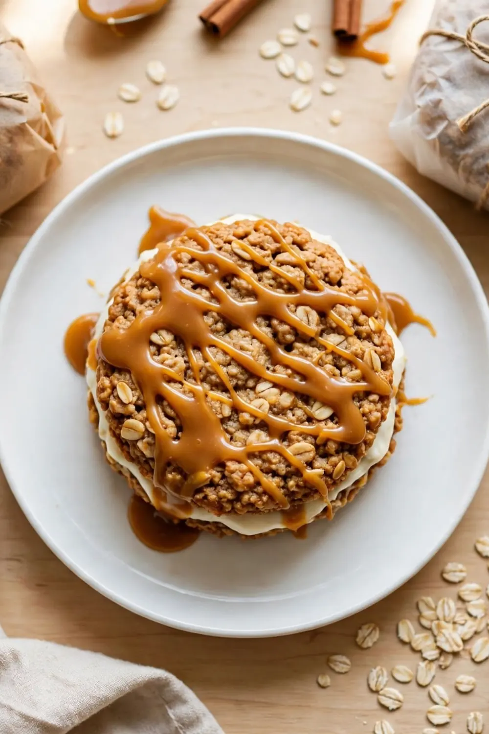 Freezer friendly oatmeal cookie sandwich pies wrapped and stacked with caramel drizzle