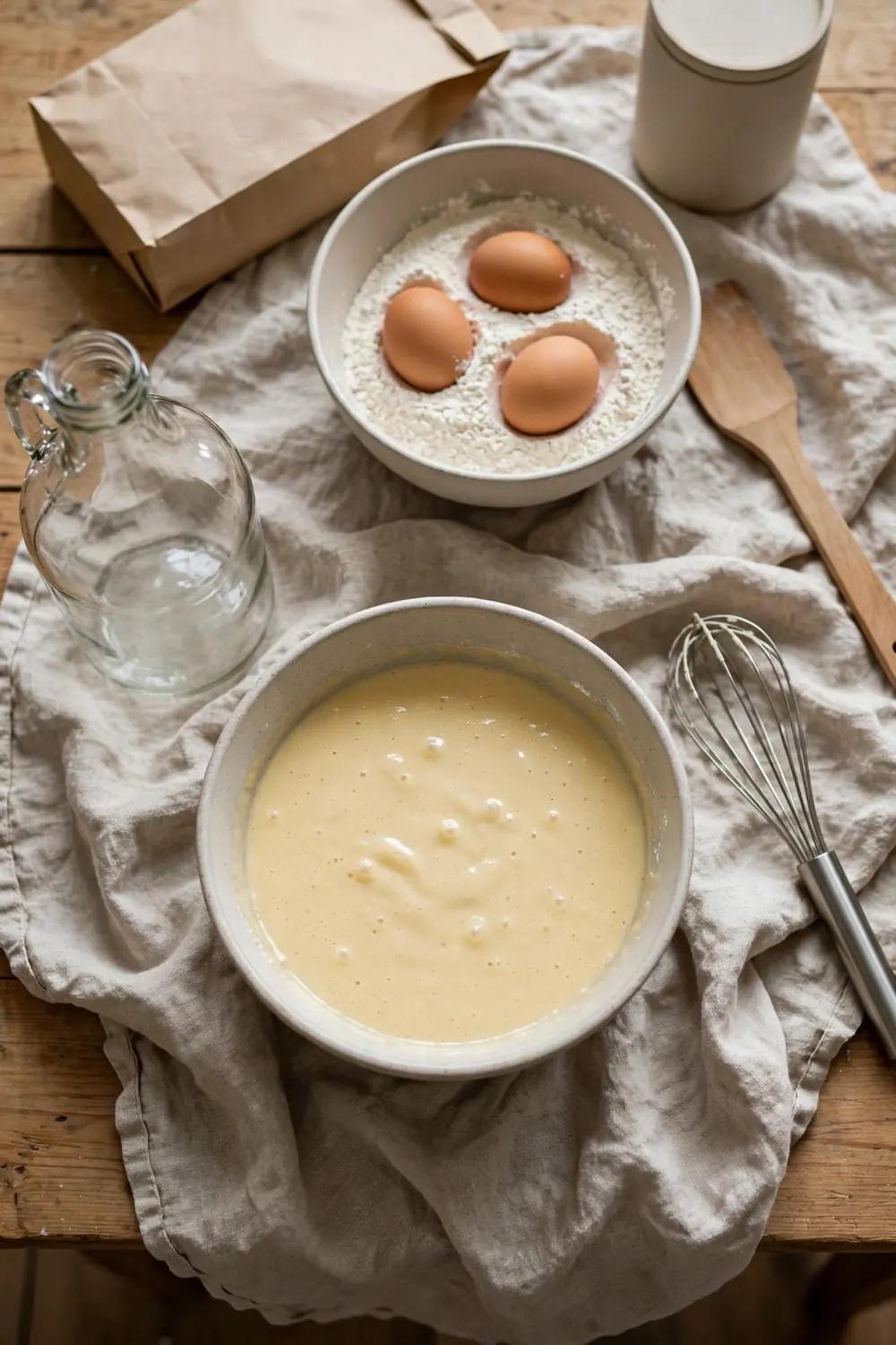 Pancake batter resting under a towel
A short rest lets the flour hydrate, and the batter turns smooth. Let the batter sit for five to ten minutes, and the gluten relaxes. Resting is a simple fix, and it lifts the texture before cooking. The pancakes cook up lighter after a rest.
