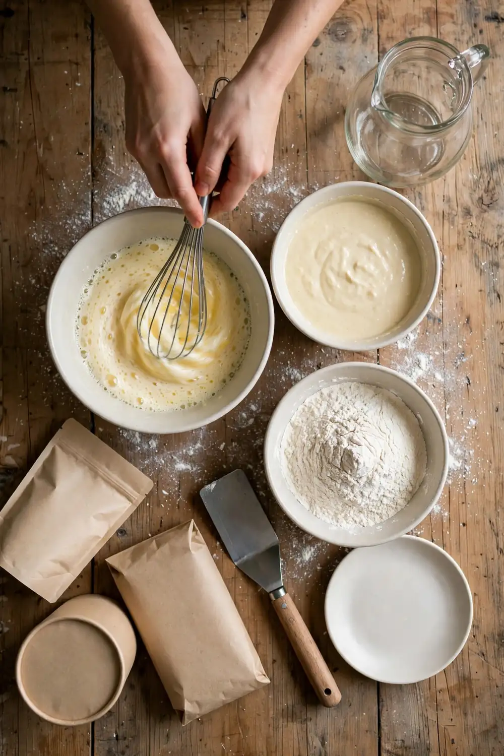 Whisking eggs in a plain bowl
Whipped eggs add air to the batter, and the pancakes rise tall. Beat the eggs until light and foamy, then fold them in gently. Airy eggs lift the stack, and the crumb stays soft. Whipped eggs are a simple fix for flat pancakes. Fold slowly to keep the air in.
