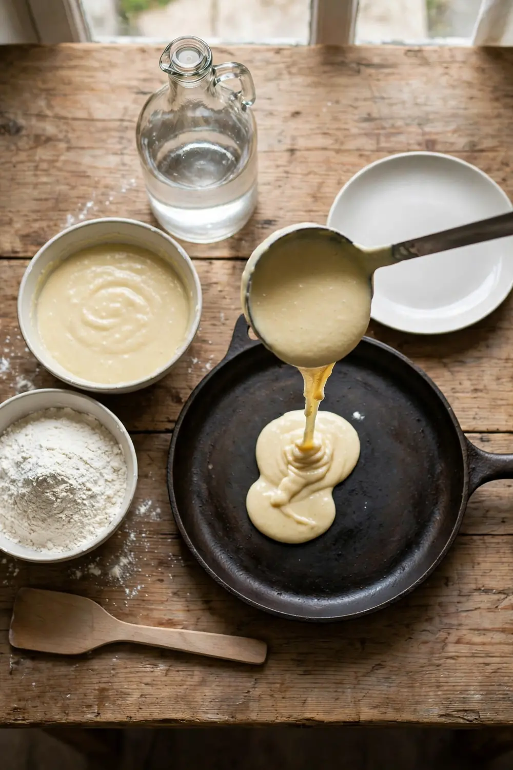 Ladle pouring thick batter on a griddle
Thick batter holds its shape, and the pancakes rise tall. Thin batter spreads wide, and the stack stays flat. Check the batter before you cook, and hold back a splash of milk. Thick batter cooks up tall, and the stack stays fluffy. Spoon it slow and watch it drop.