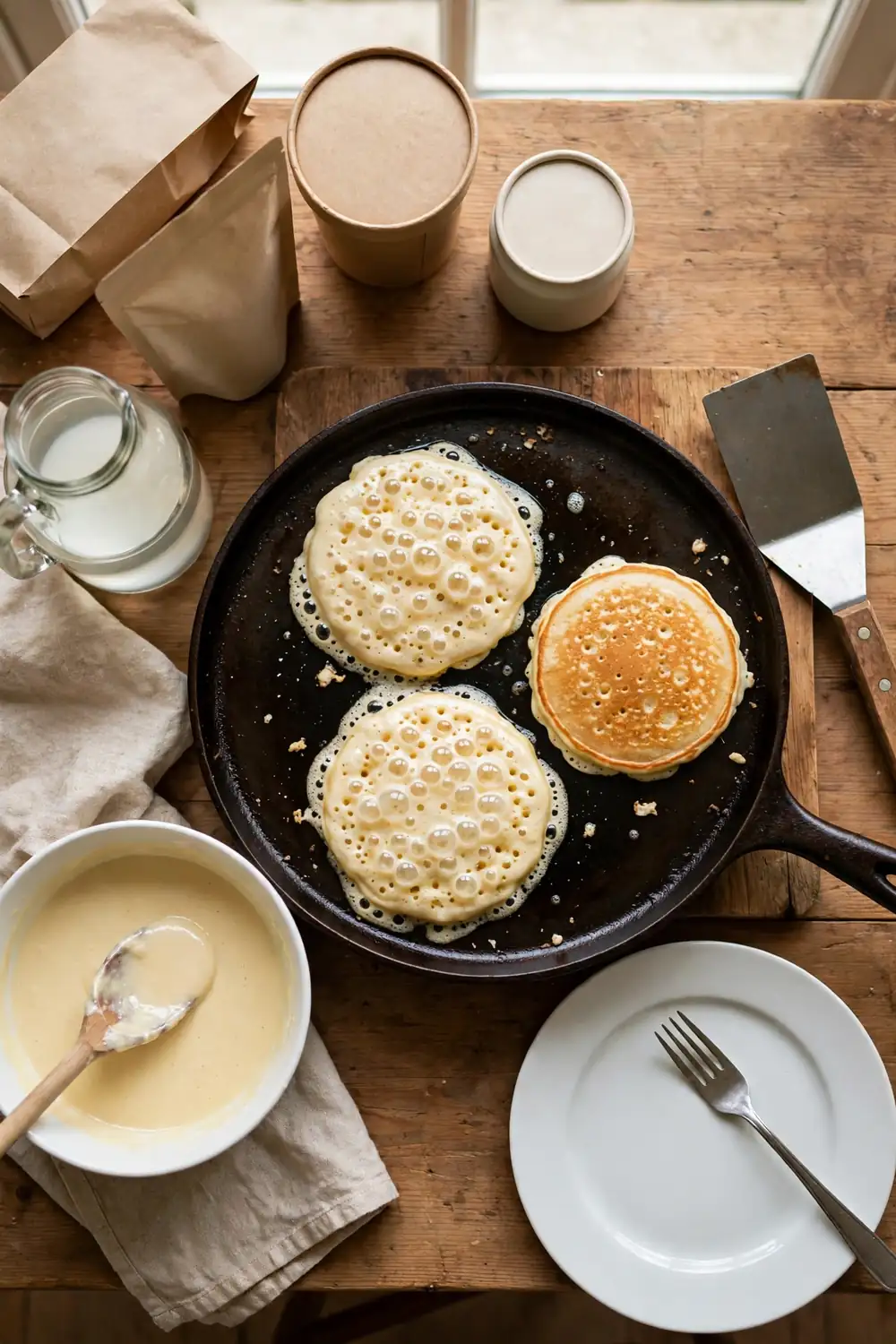 Pancakes cooking on a griddle over medium heat
High heat sets the outside fast, and the pancakes stay flat. Keep the griddle on medium heat, and let it warm up fully. Steady heat lets the pancakes rise, and the texture stays soft. Hot spots flatten the stack, so test the heat first.