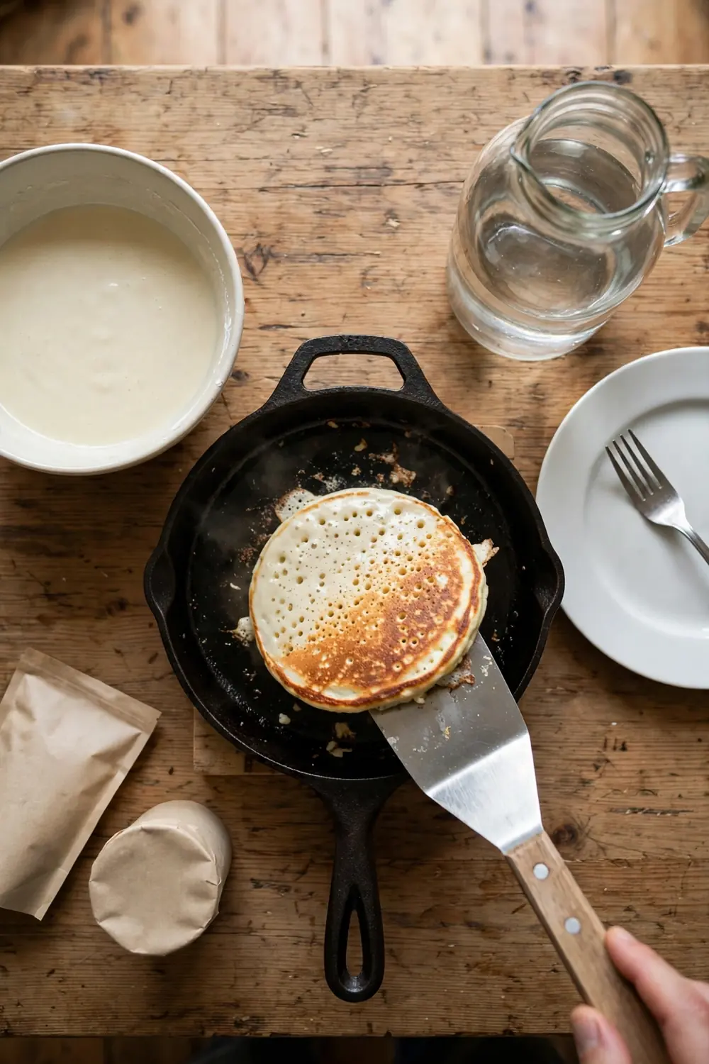 Spatula flipping one pancake on a griddle
Flipping too often presses the pancakes down, and the crumb turns dense. Flip each pancake only once, when bubbles pop on the surface. One flip keeps the texture light, and the pancakes rise tall. Extra flips squeeze out the air. Wait for the edges to set first.