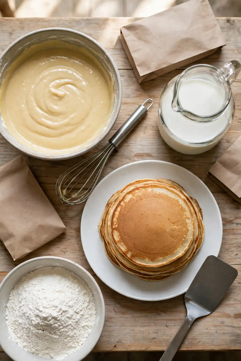 Overmixed batter beside flat pancakes
Overmixing is the biggest mistake, and the batter stays flat. Stirring until smooth feels right, but the gluten builds with each stroke. Stop early, and the pancakes rise tall. Small changes in mixing change the whole stack. Keep the whisk moving lightly, and count your strokes.