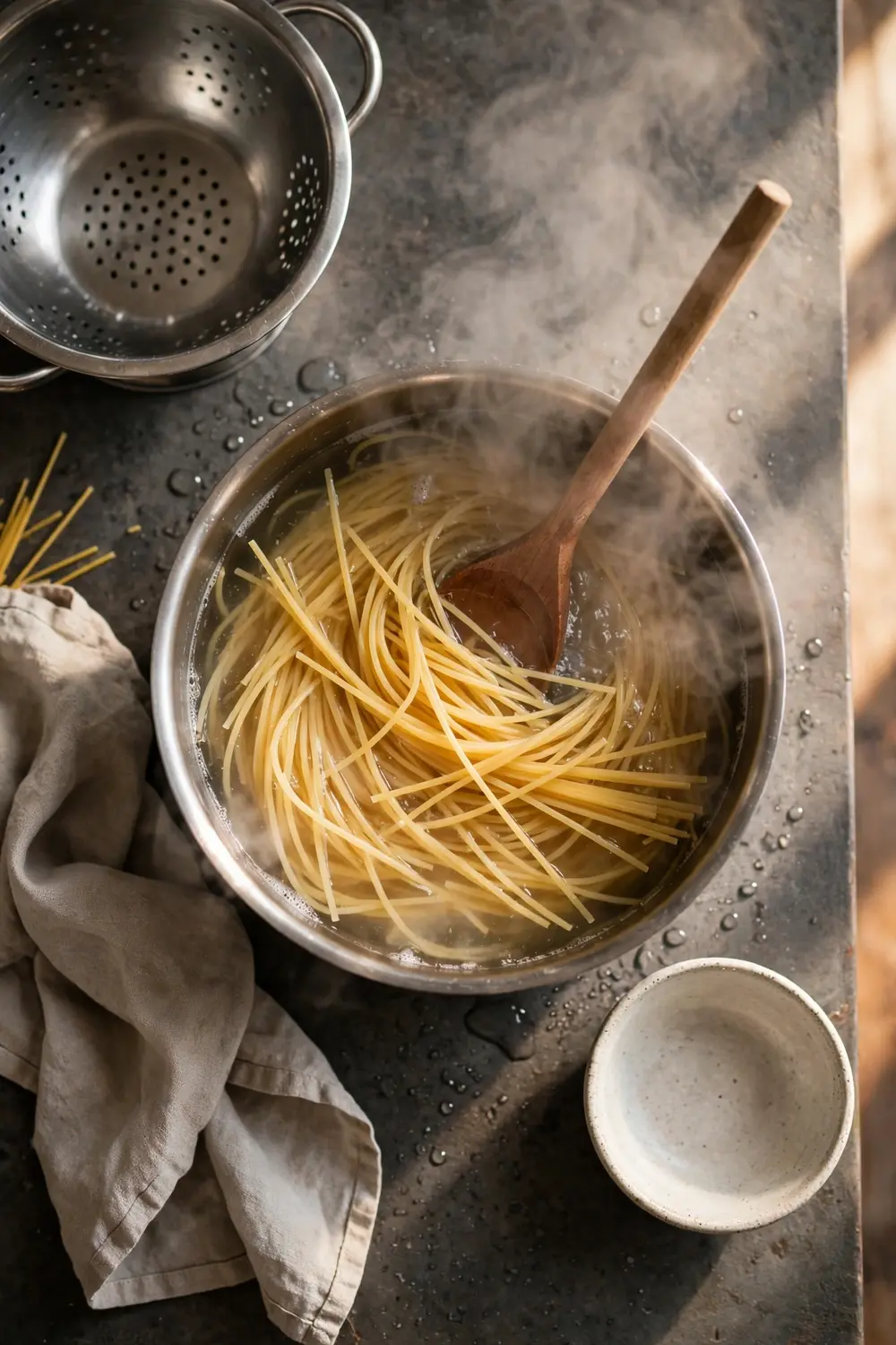 Pasta stirred in a pot with a wooden spoon