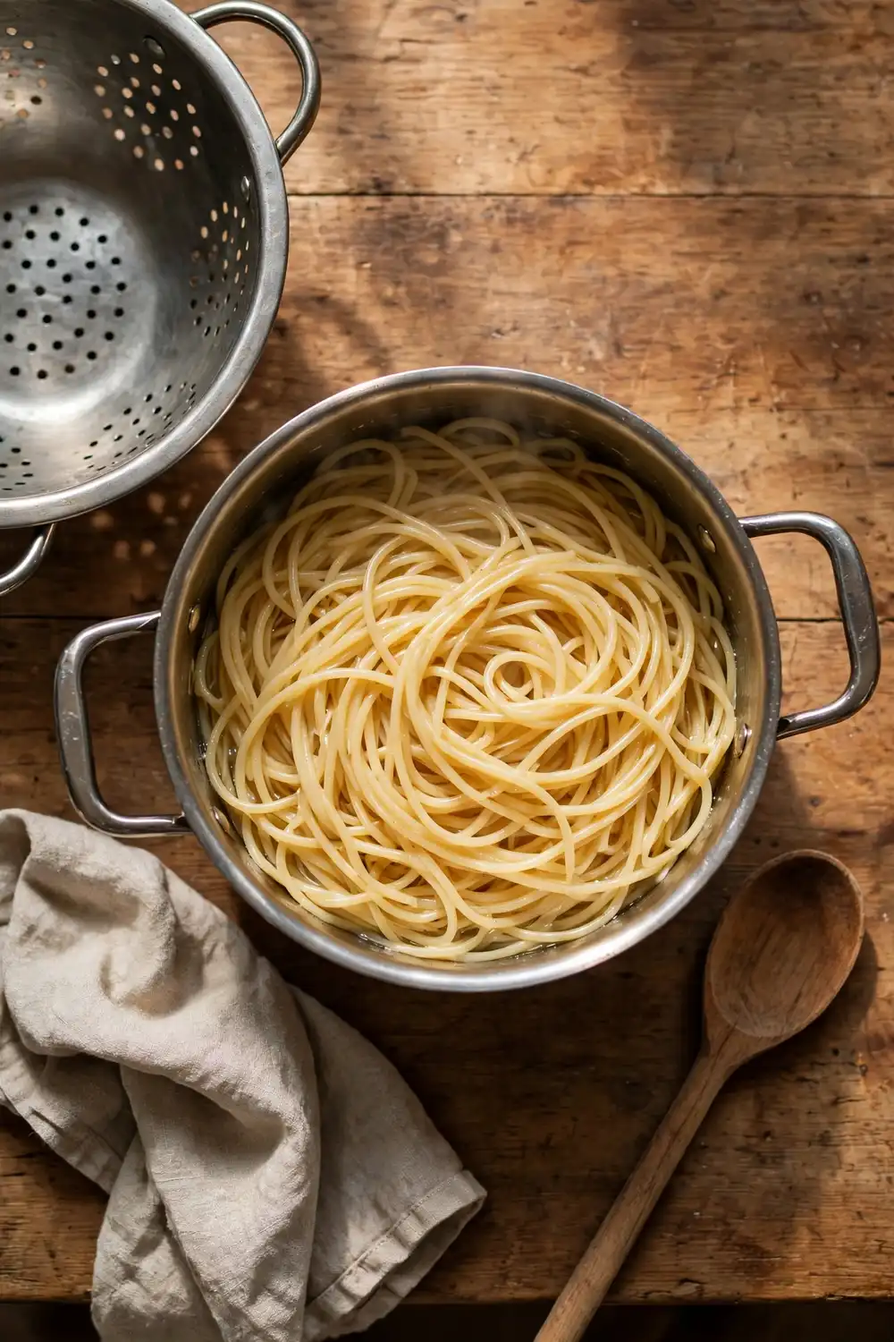 A pot of cooked pasta with no oil