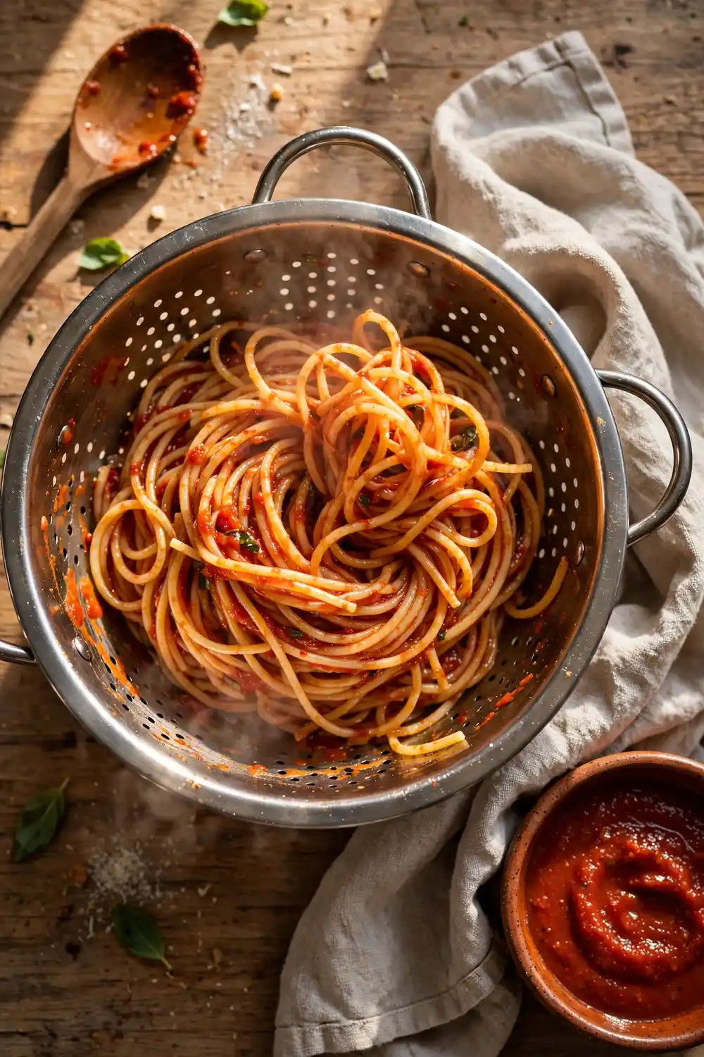 Cooked pasta drained in a colander