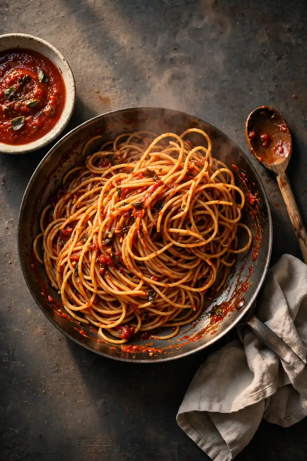 Pasta tossed with tomato sauce in a pan