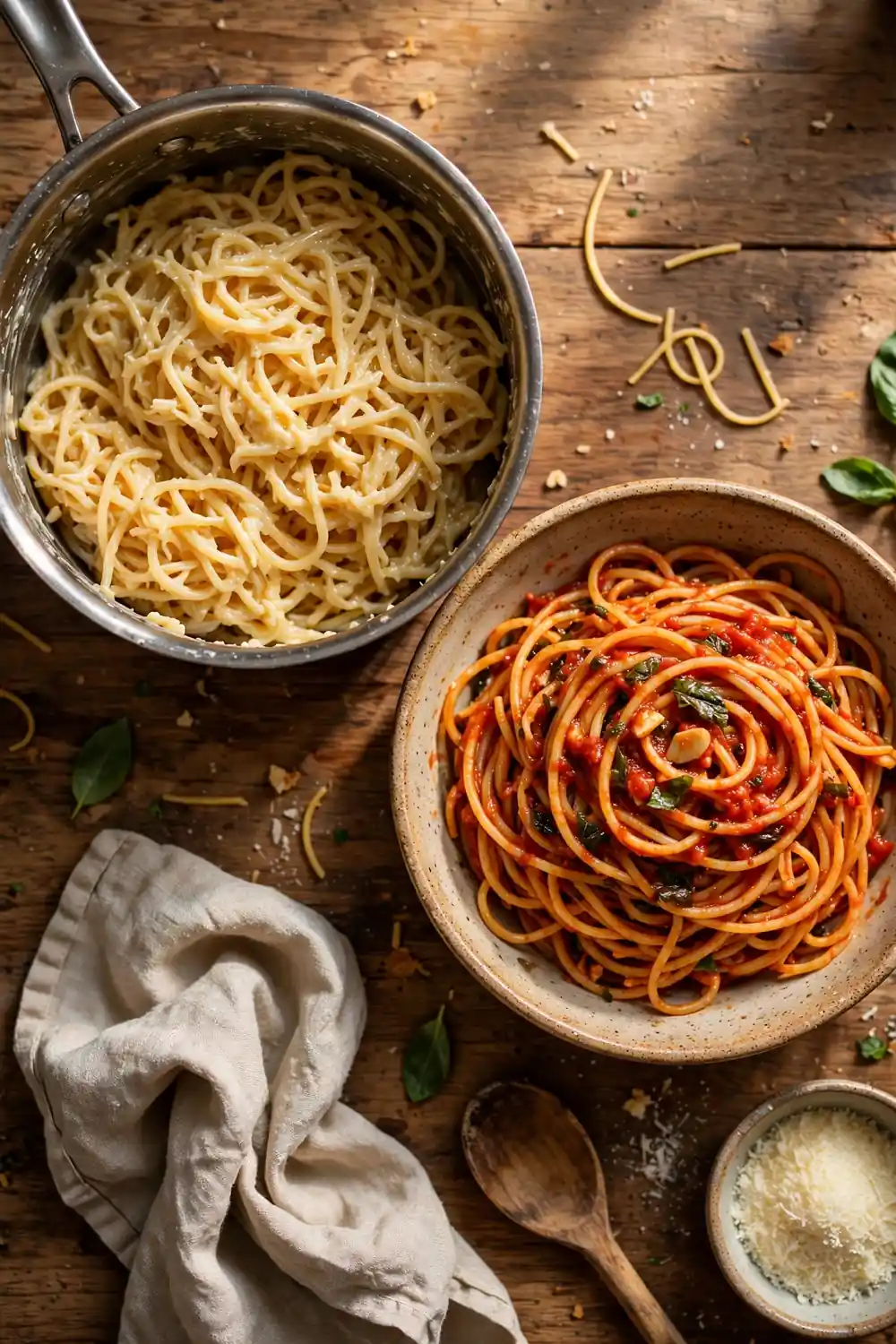 Sticky pasta beside loose pasta tossed with sauce