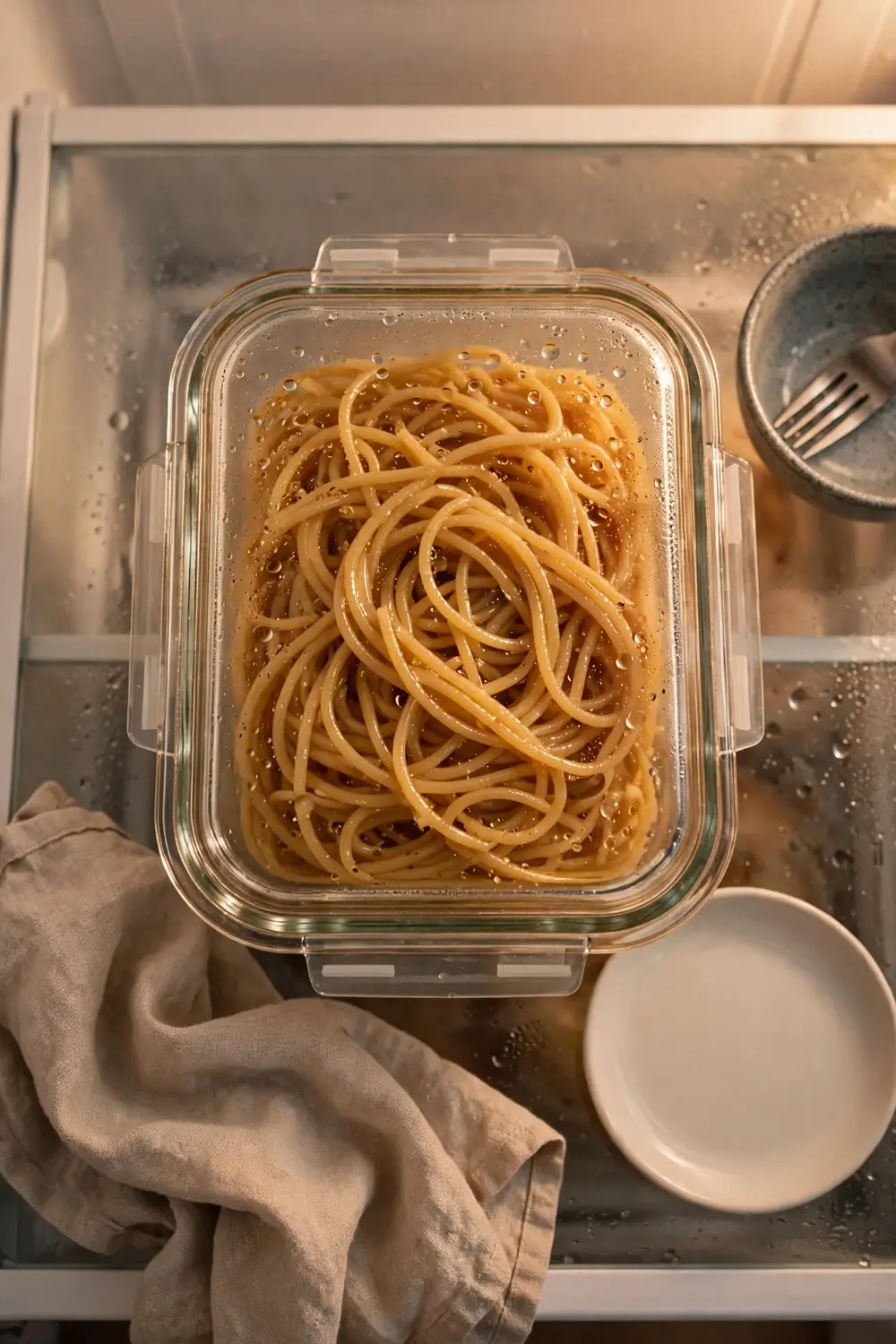 Cooked pasta in a sealed glass container