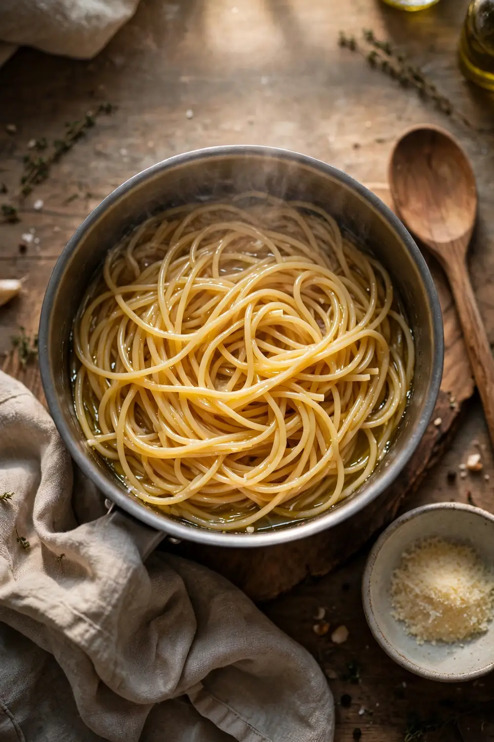 Pasta reheated gently in a saucepan