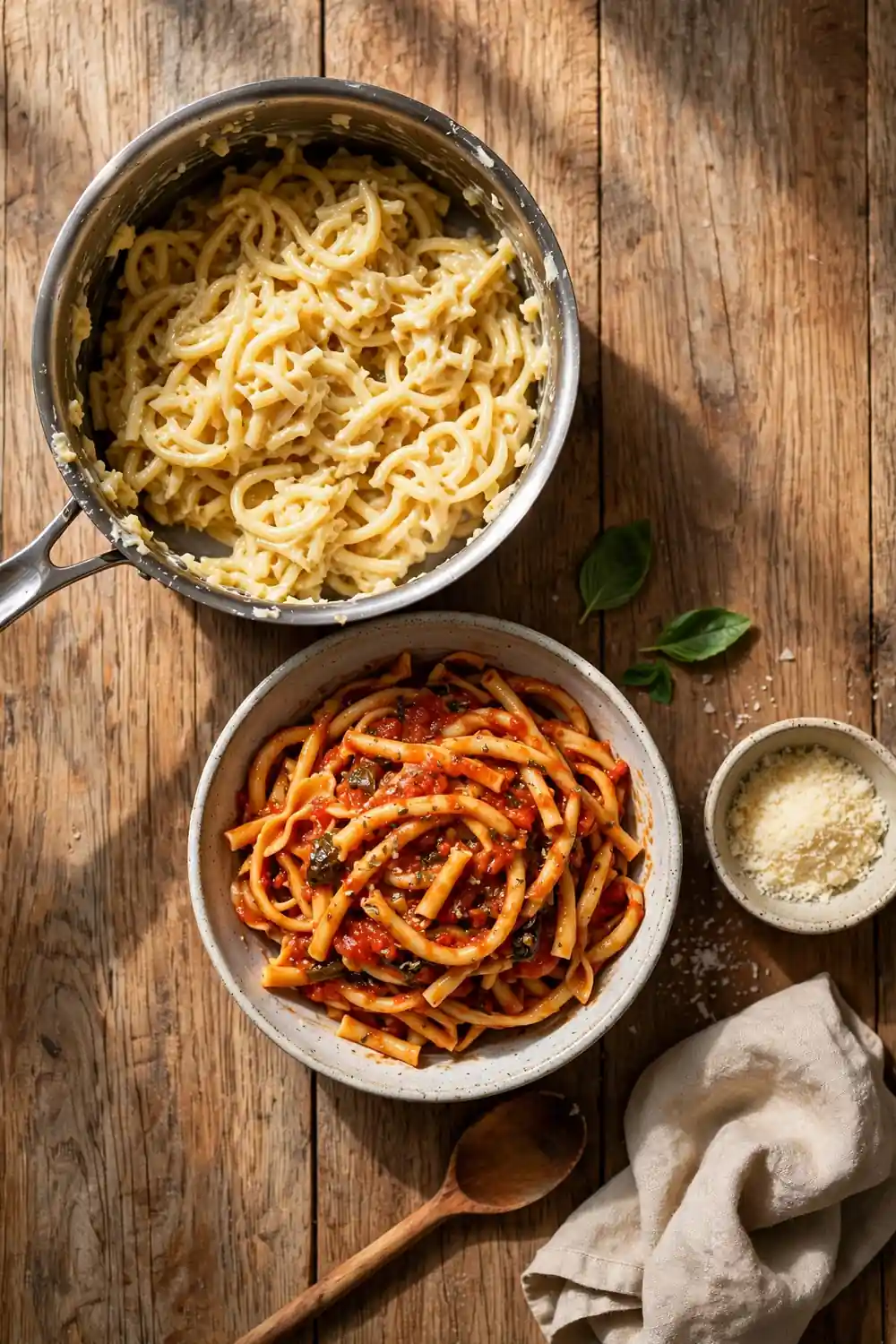 Sticky pasta beside loose pasta tossed with sauce