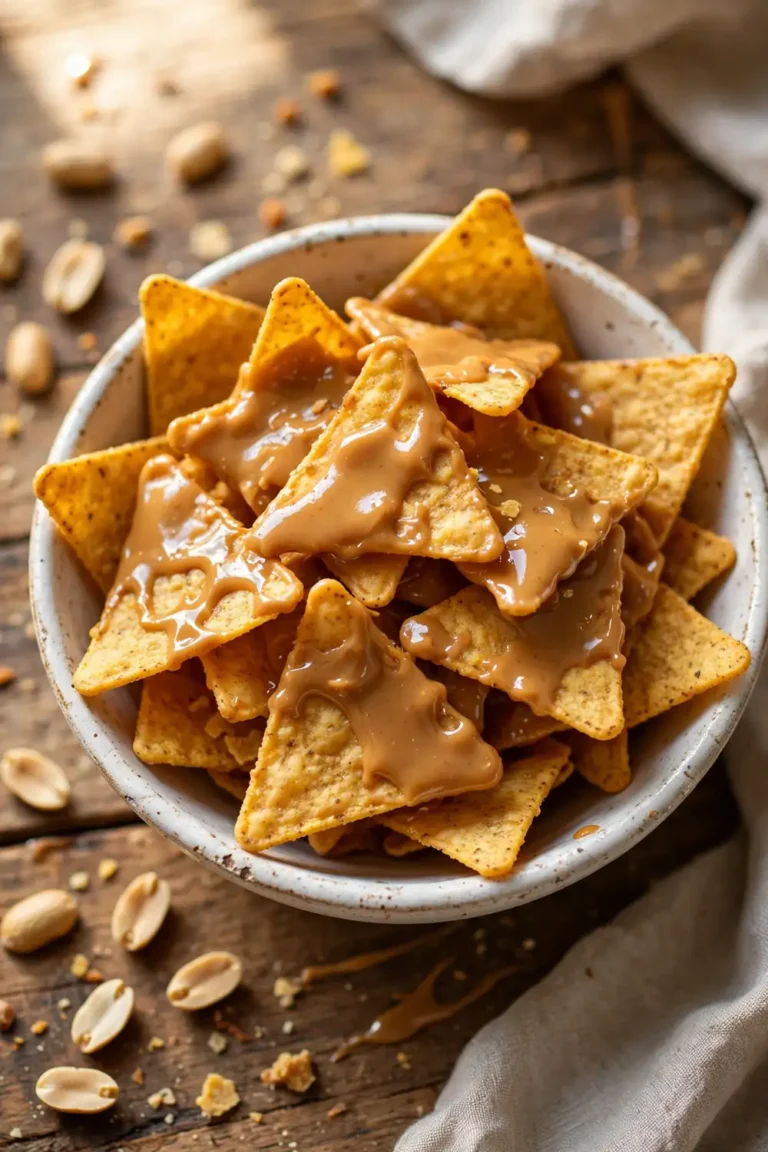 Peanut butter glazed corn chip clusters in a white bowl