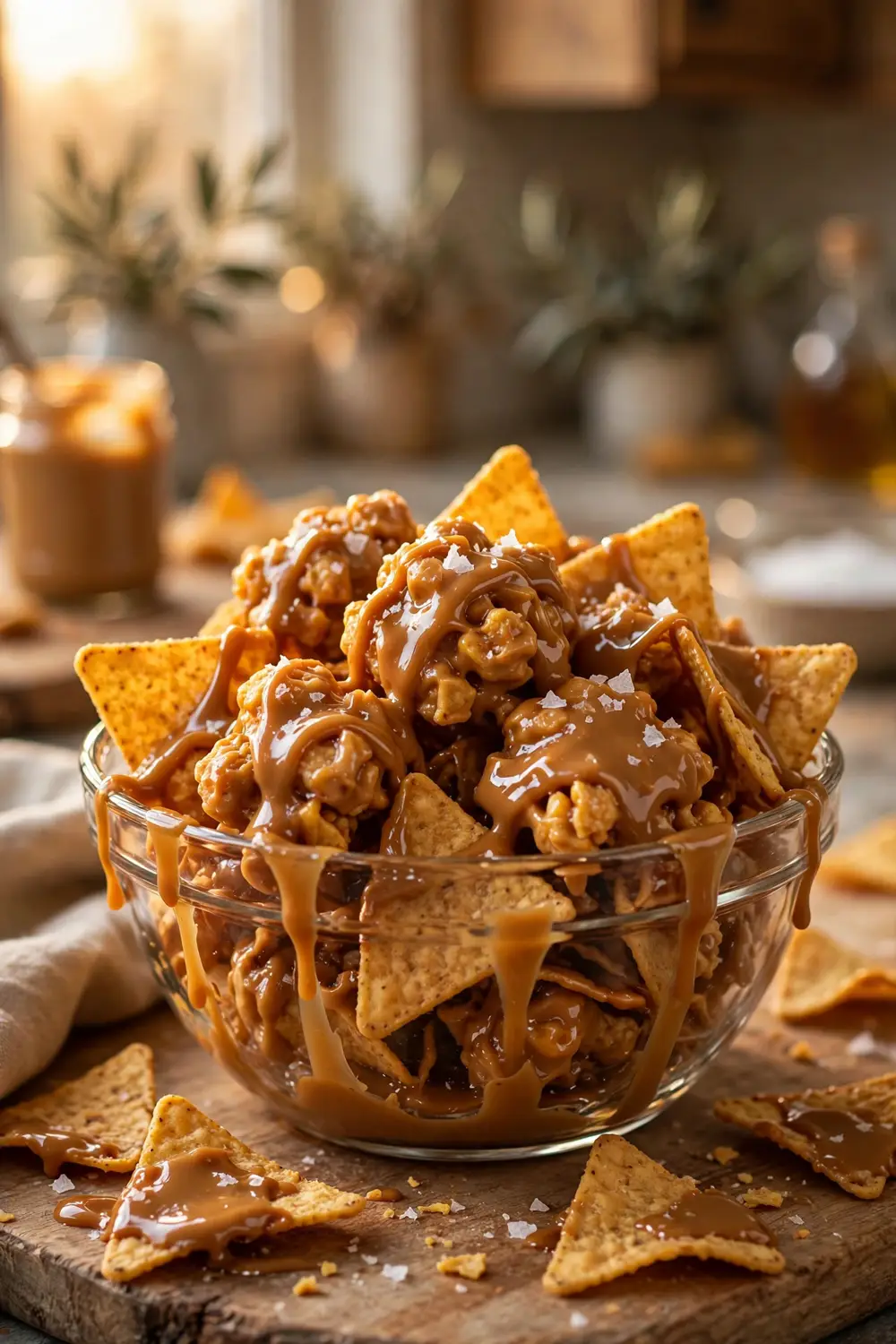 Caramel drizzled peanut butter snack mix in a glass bowl