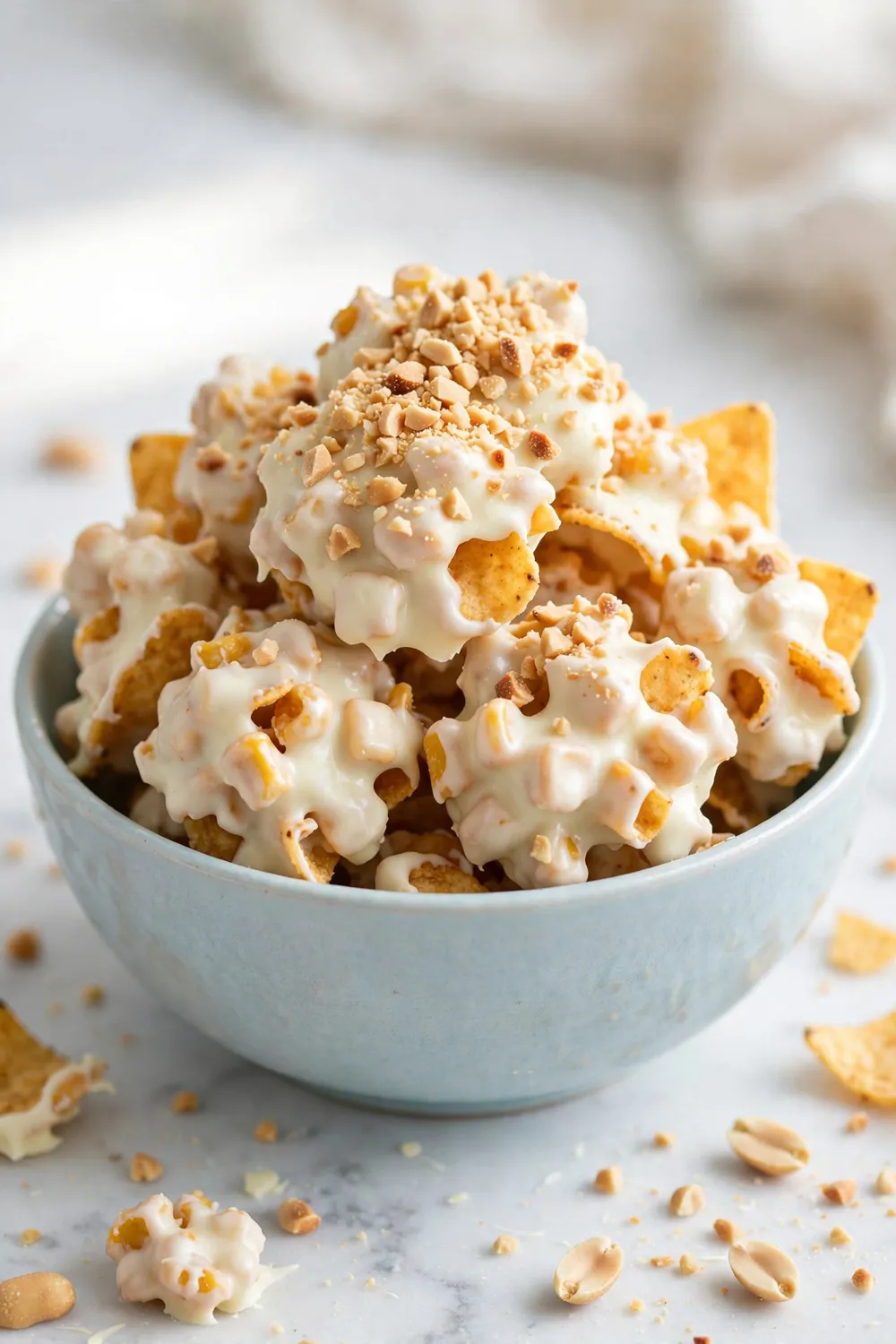 White chocolate coated corn chip clusters in a blue bowl