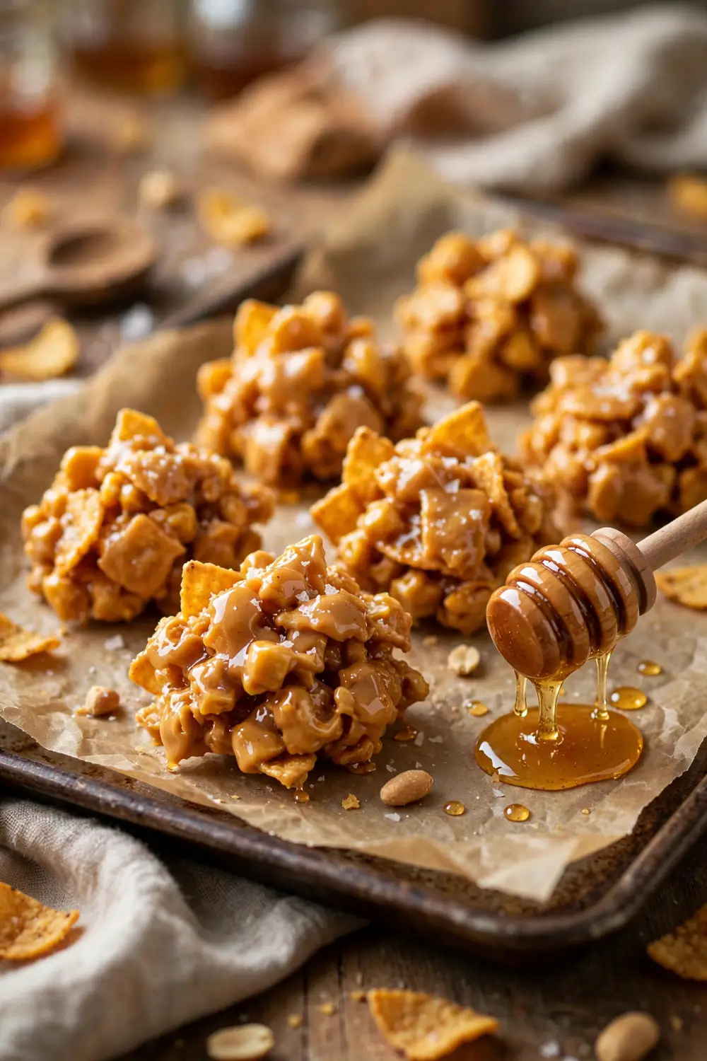 Honey peanut butter chip clusters on a baking sheet
