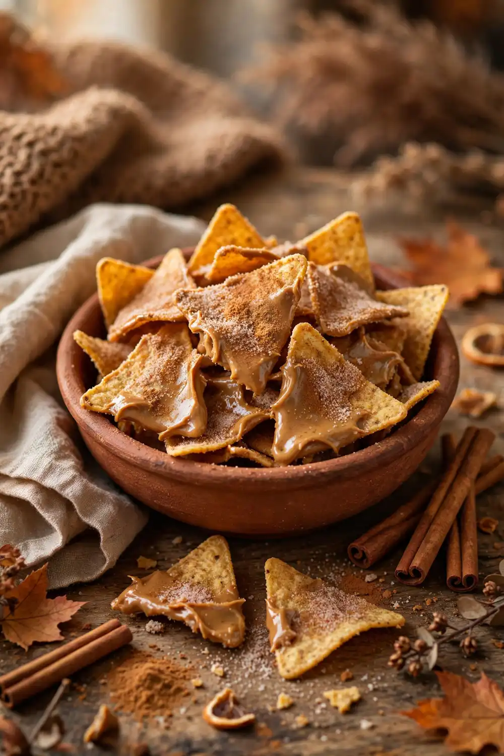 Cinnamon sugar dusted peanut butter chips in a terracotta bowl