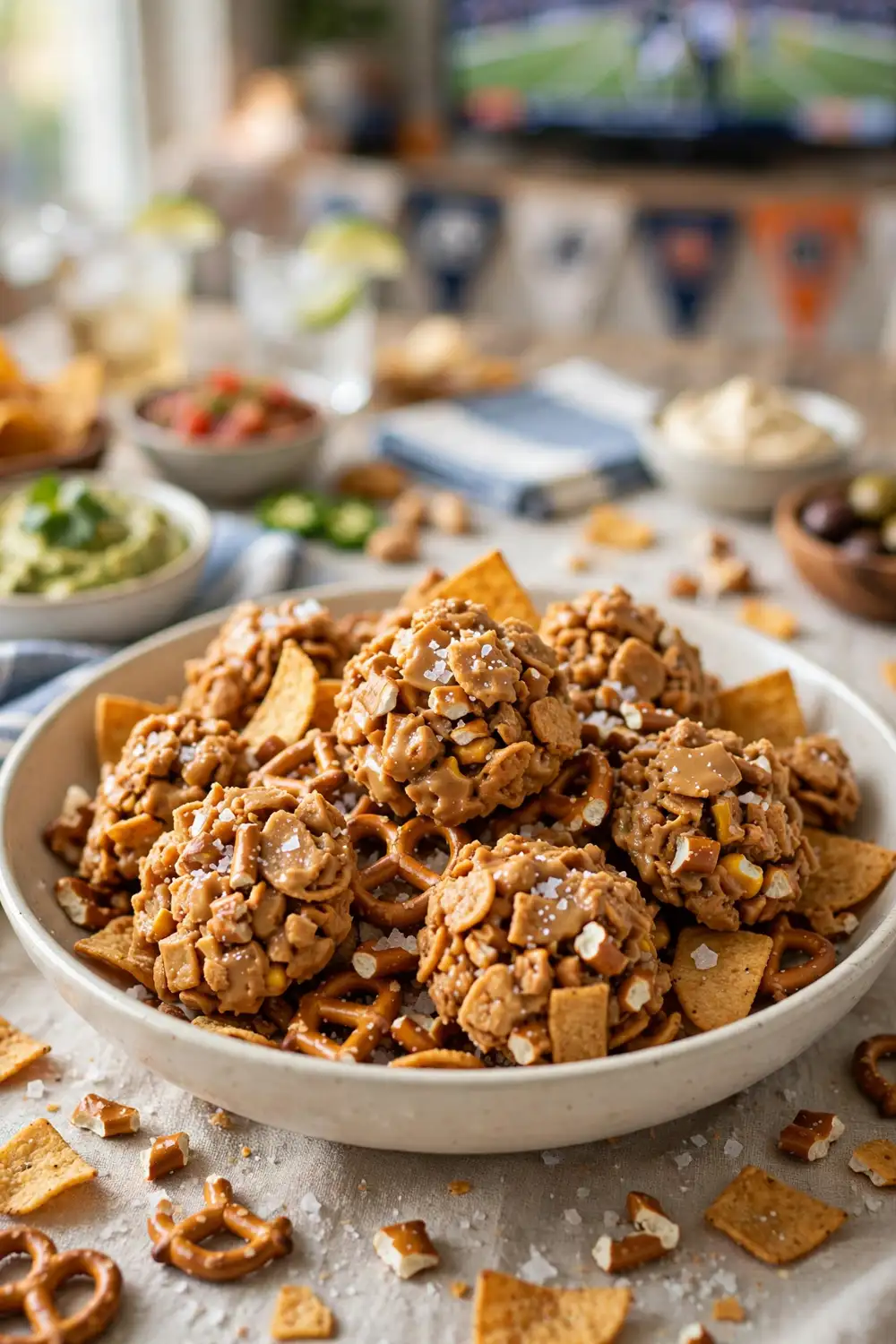 Pretzel pieces mixed into peanut butter chip clusters
