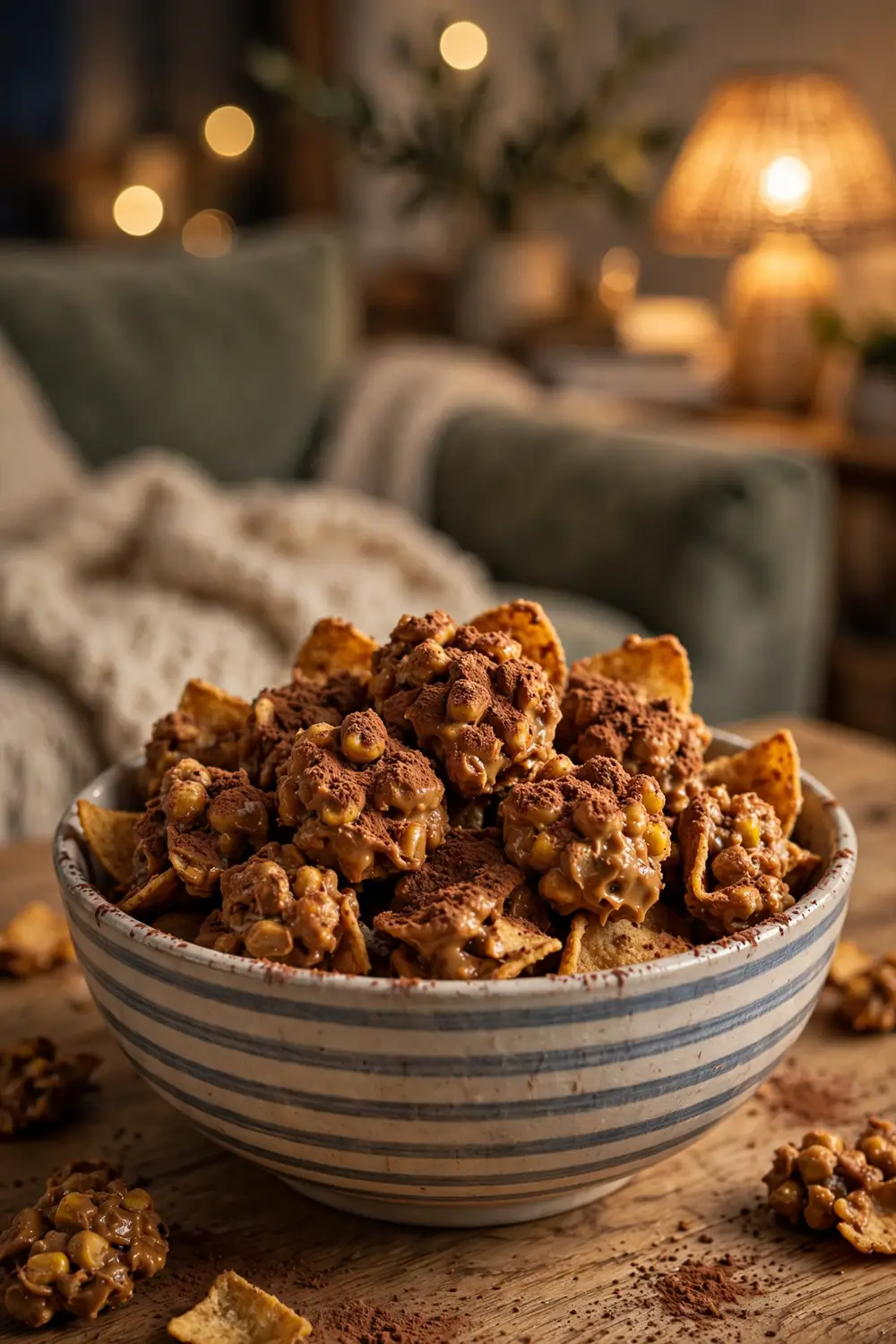 Bowl of peanut butter snack mix for movie night