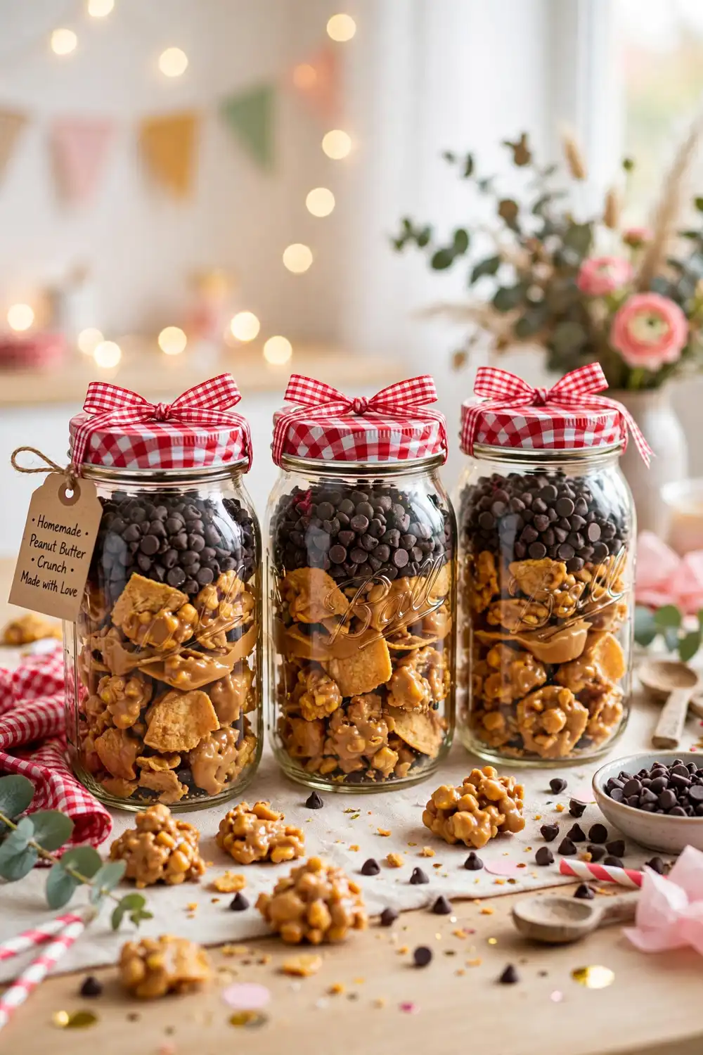 Mason jars layered with peanut butter chip snack mix