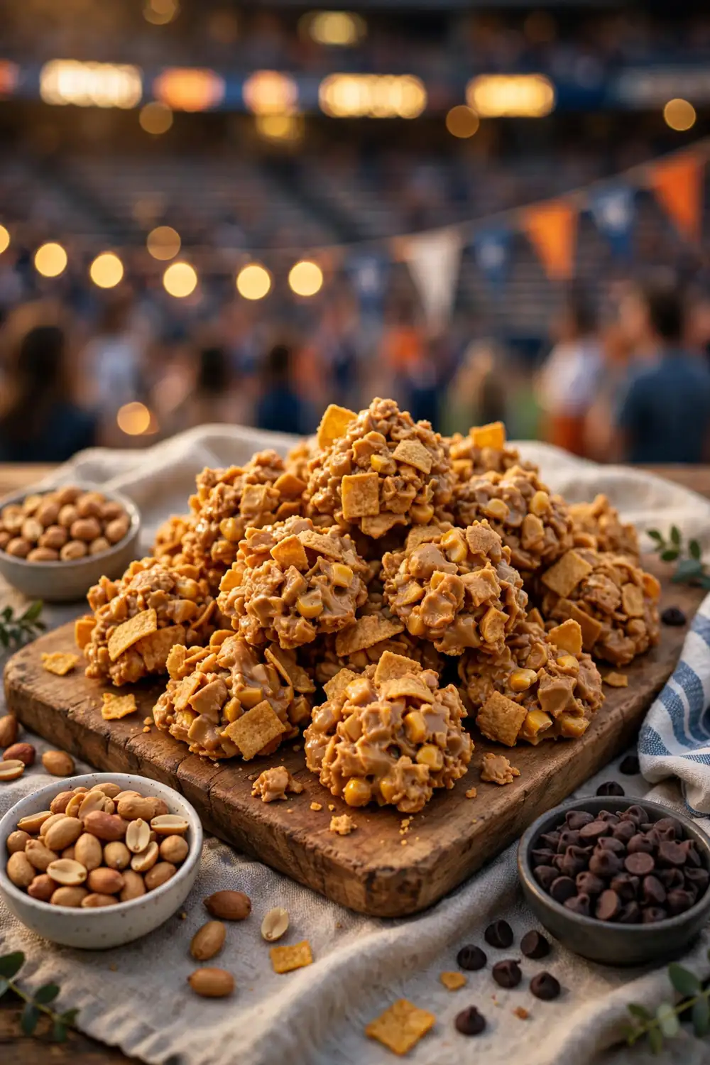 Wooden board piled with peanut butter chip clusters