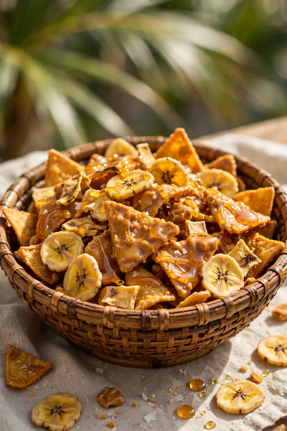 Banana chips tossed with peanut butter coated corn chips