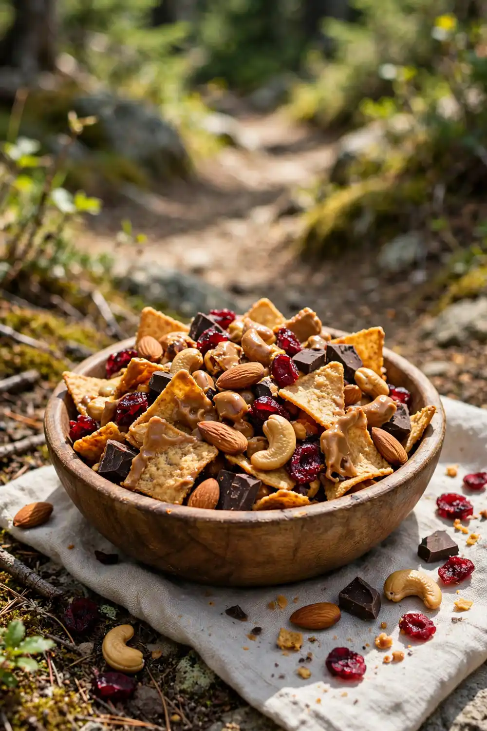 Trail mix with peanut butter coated corn chips and nuts