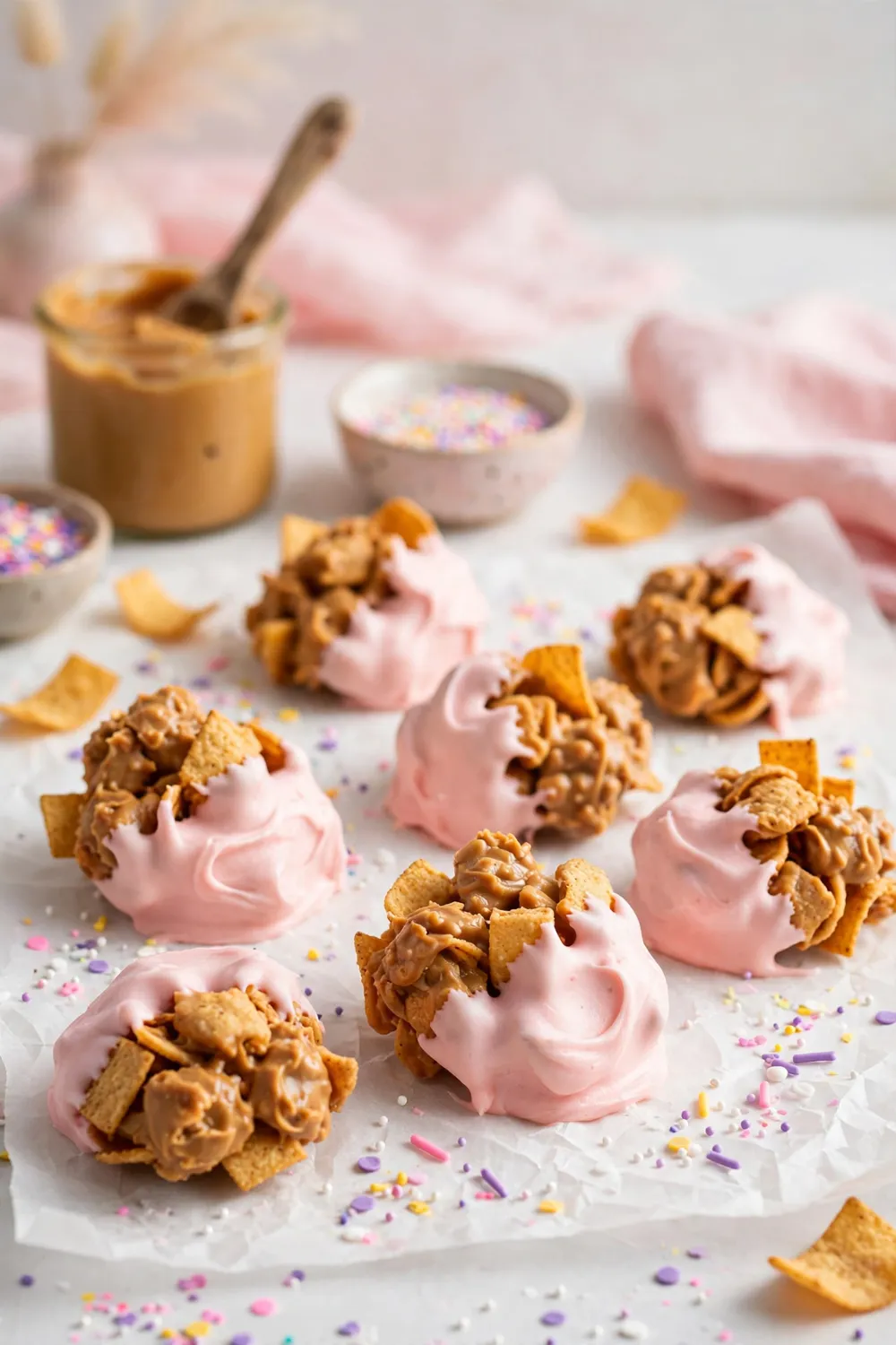Pink frosting half dipped peanut butter chip clusters