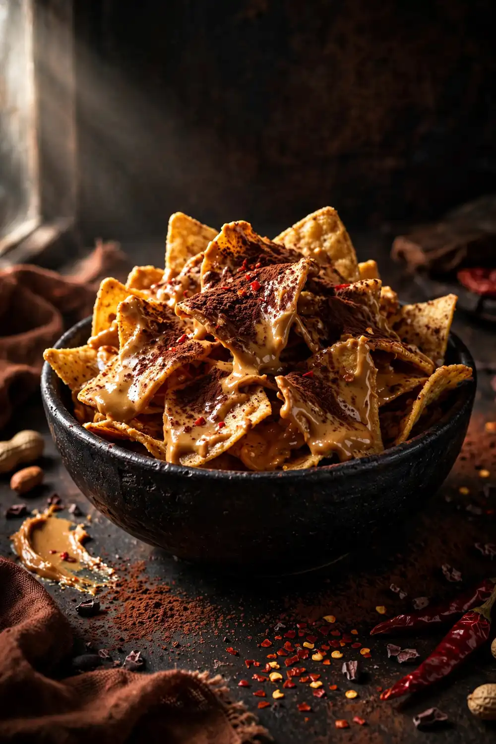 Cocoa and chili dusted peanut butter chip clusters