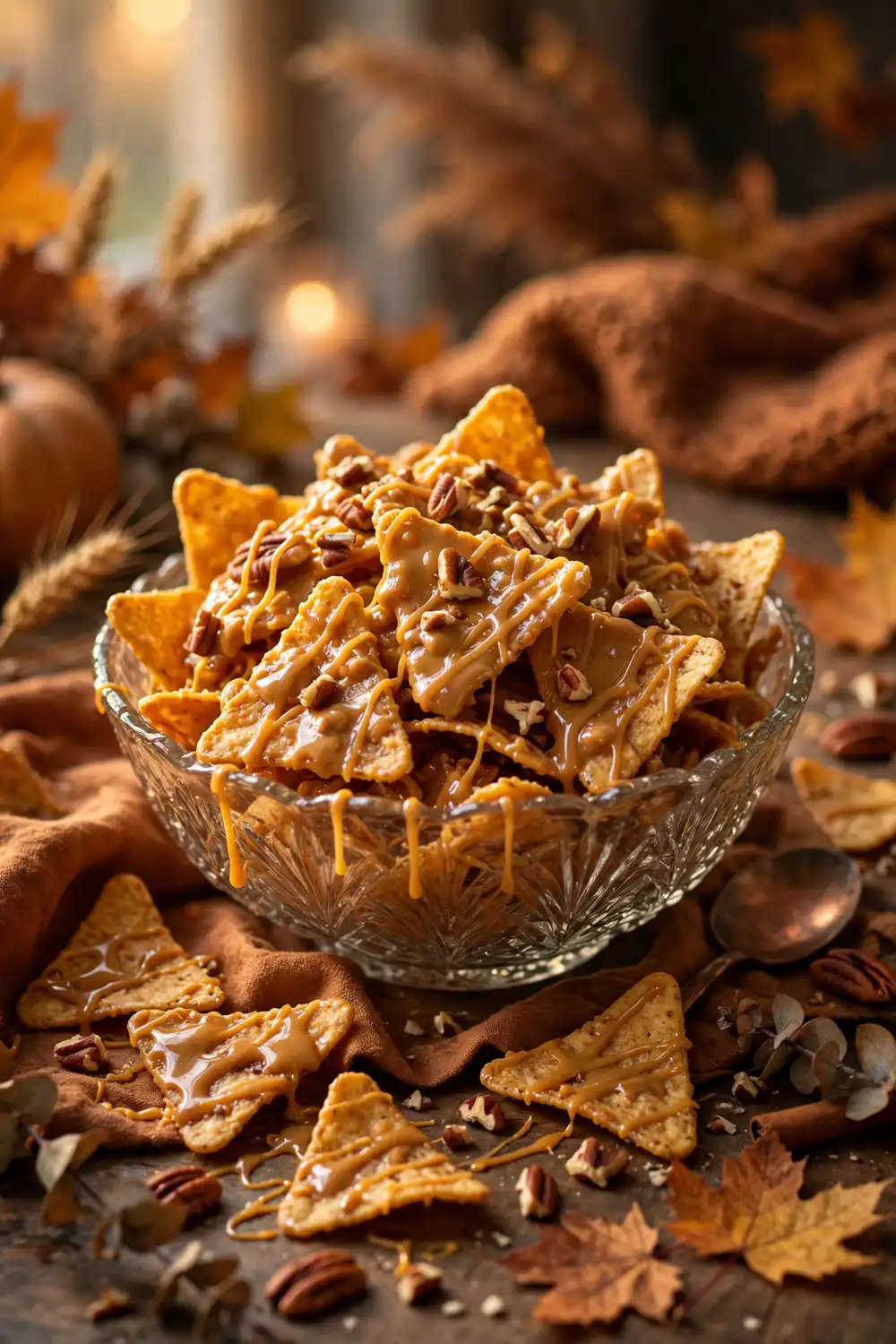 Butterscotch drizzled peanut butter chips with pecans