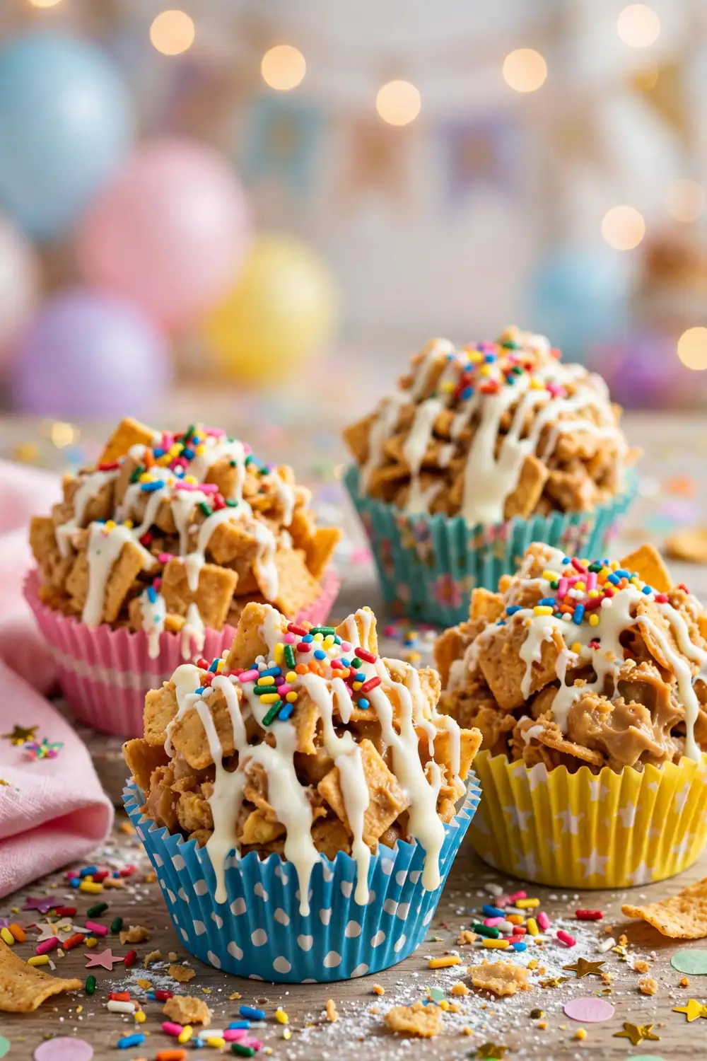 Birthday sprinkle peanut butter chip clusters in liners