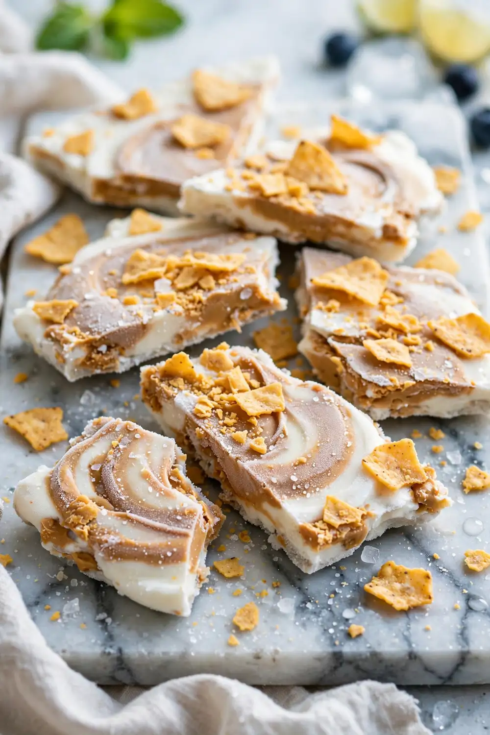 Frozen yogurt bark with peanut butter swirl and chips
