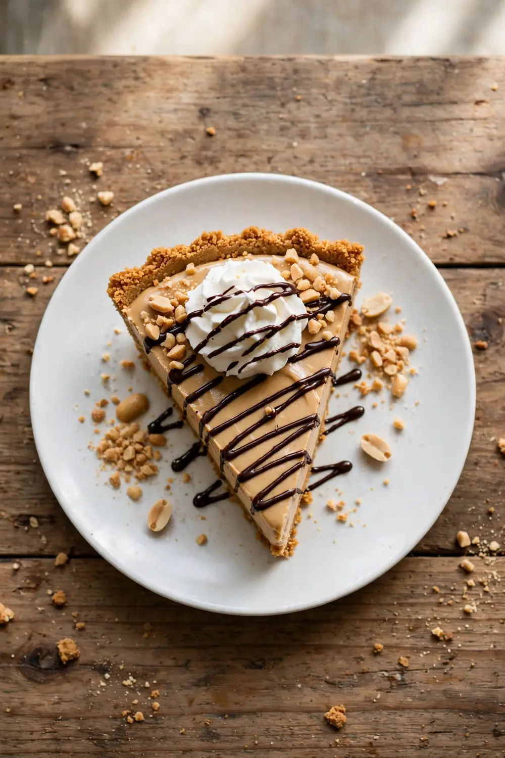 Creamy peanut butter dessert slice with whipped cream, chocolate drizzle, and crushed peanuts