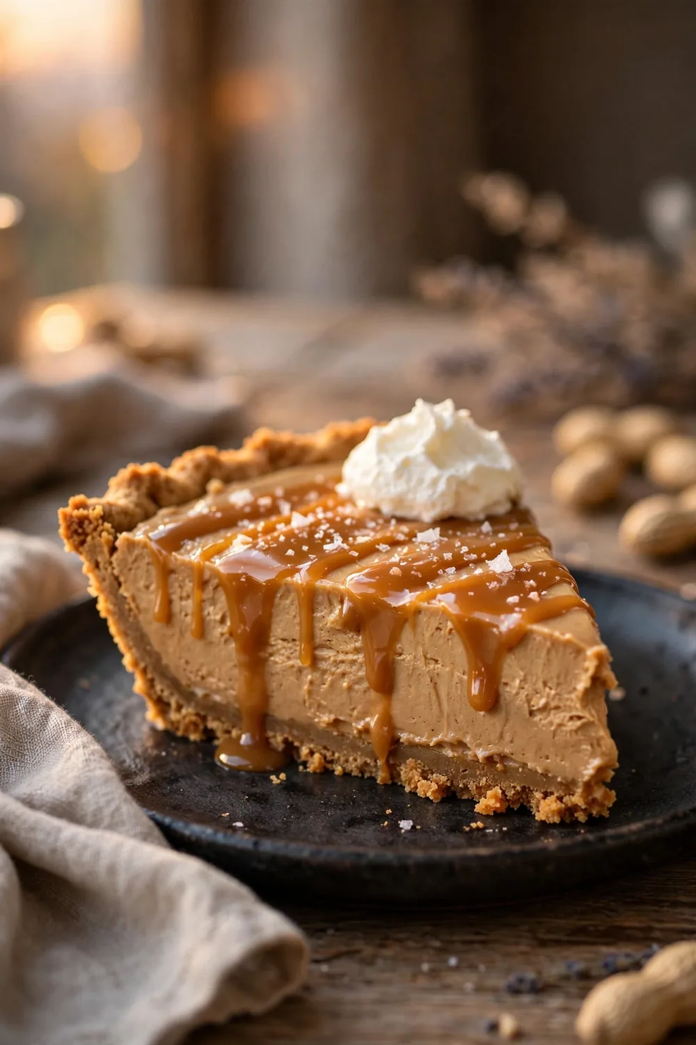 Peanut butter dessert slice with salted caramel drizzle and flaky salt