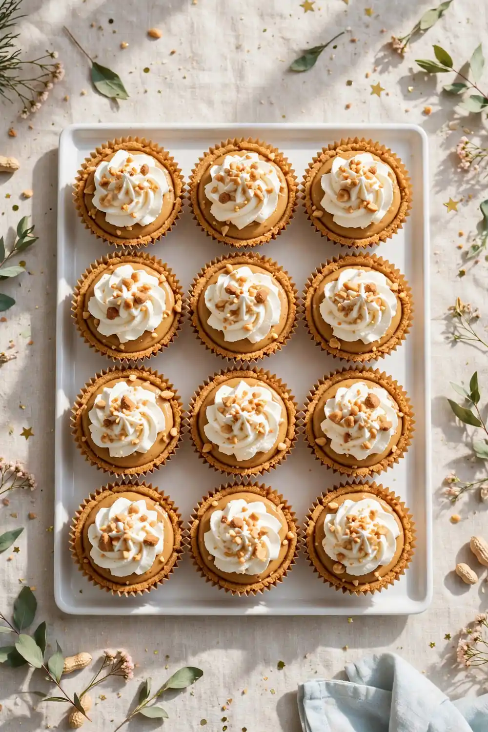 Mini peanut butter dessert cups with whipped cream and crushed peanuts