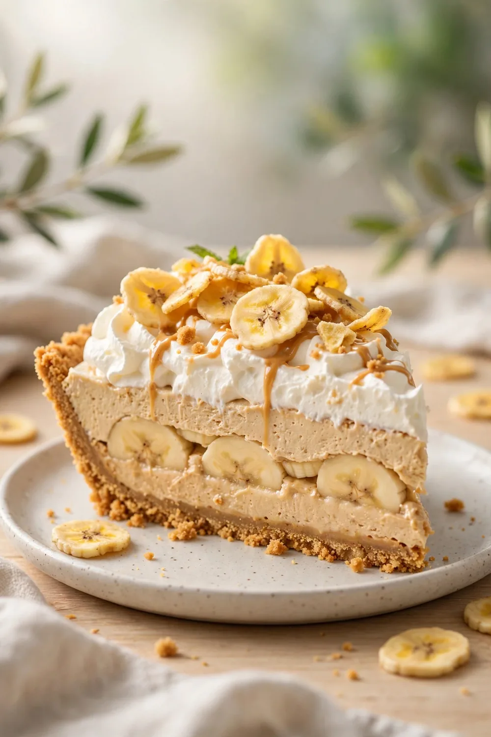 Peanut butter dessert slice layered with fresh banana and whipped cream