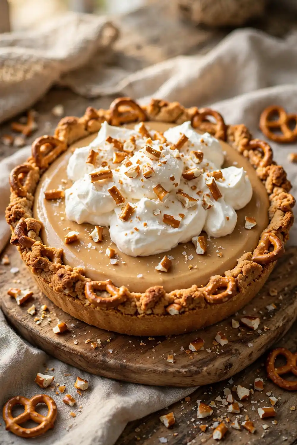 Peanut butter dessert with crunchy pretzel crust and whipped cream
