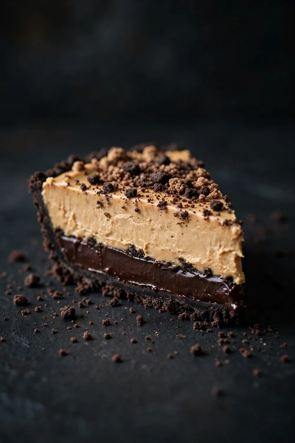 Peanut butter dessert slice with chocolate cookie crust and ganache layer