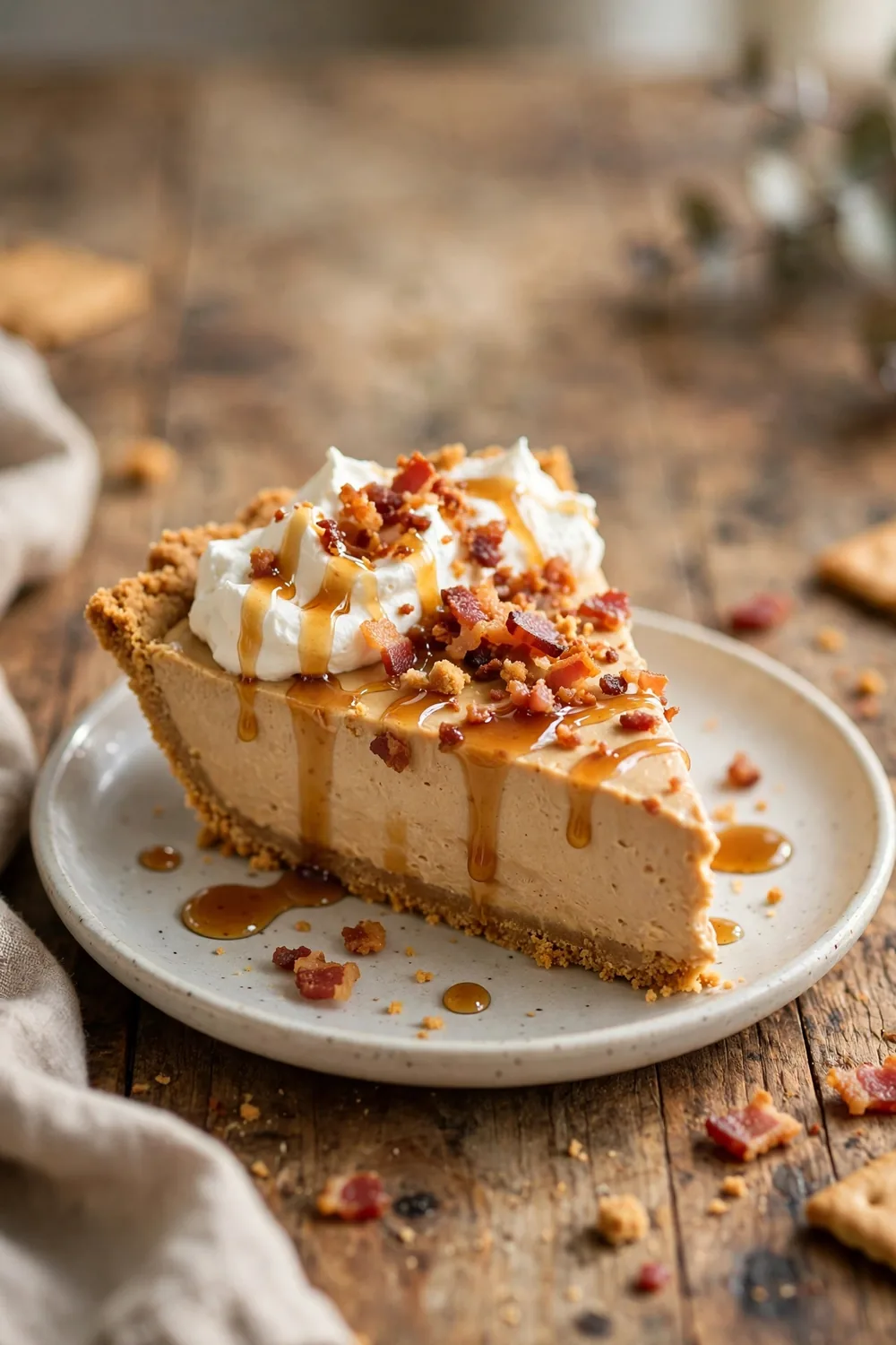 Peanut butter dessert slice with maple drizzle and crispy bacon crumbles