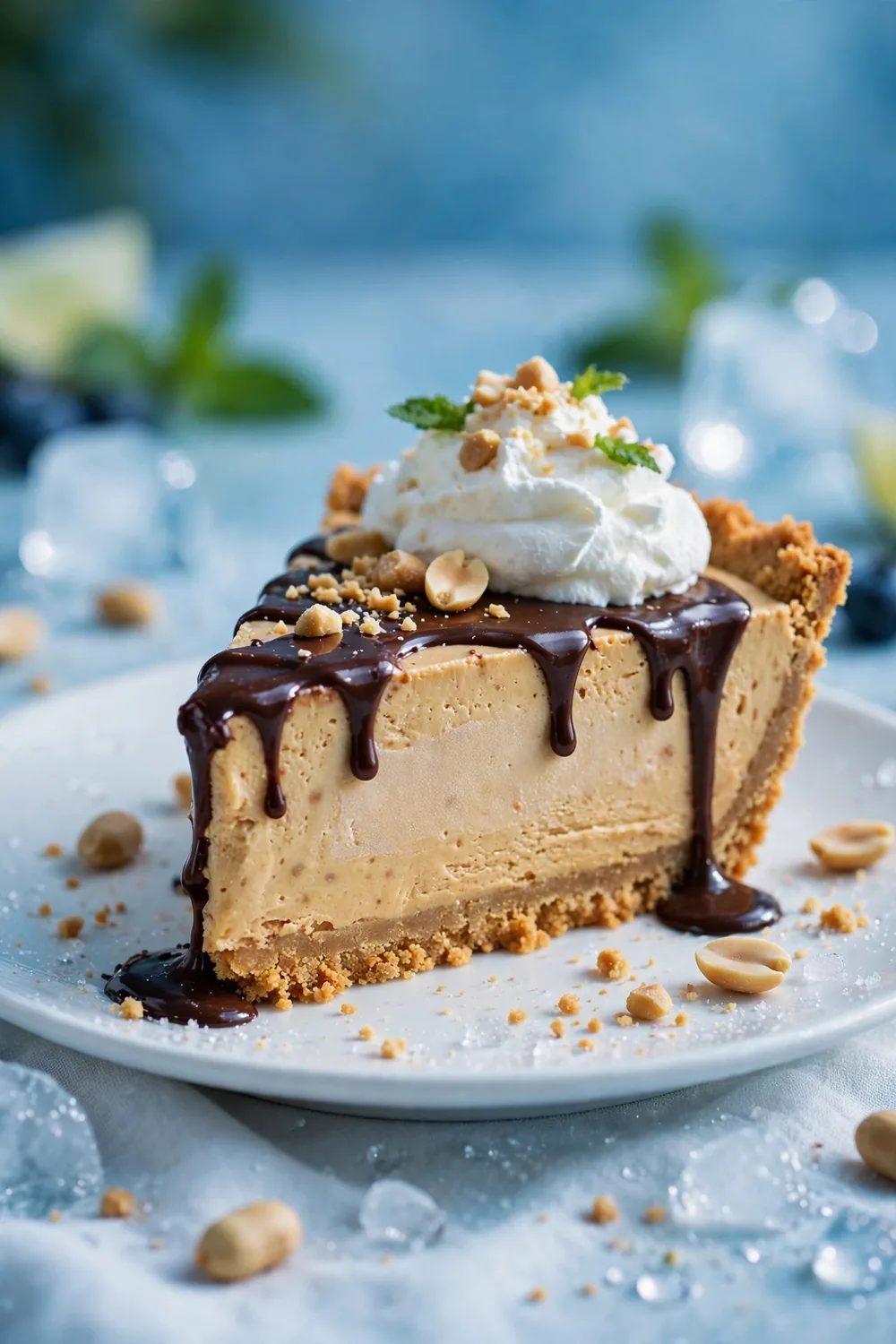 Frozen peanut butter dessert slice with hot fudge and whipped cream