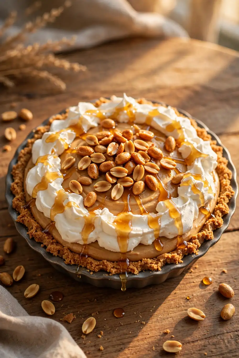 Peanut butter dessert topped with honey-roasted peanuts and honey drizzle