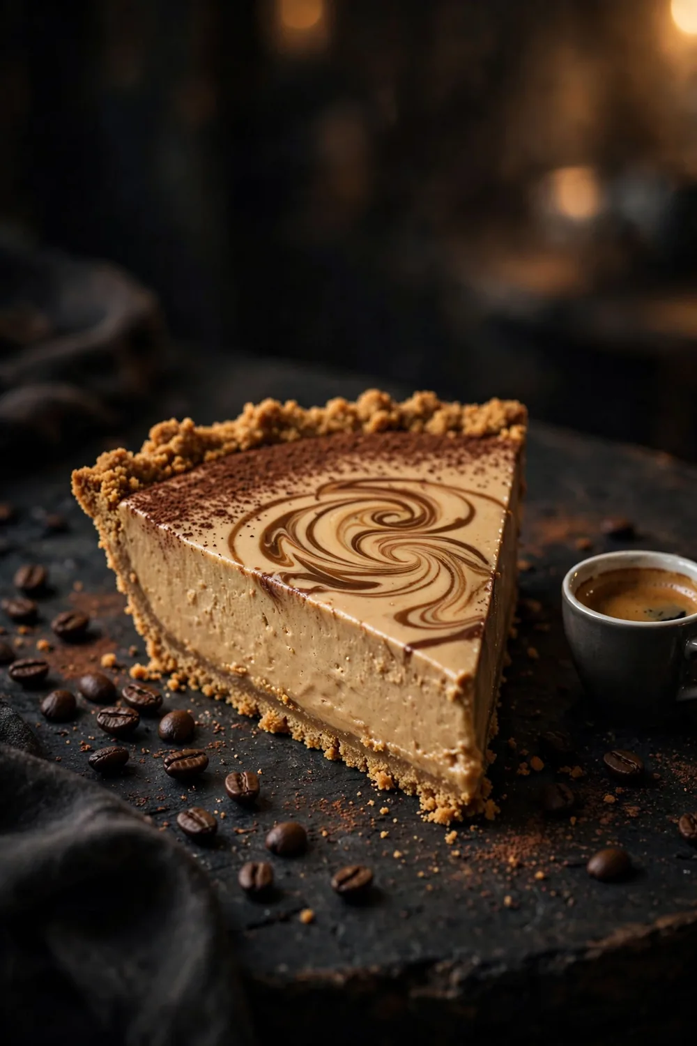 Peanut butter dessert slice with espresso swirl and cocoa dust