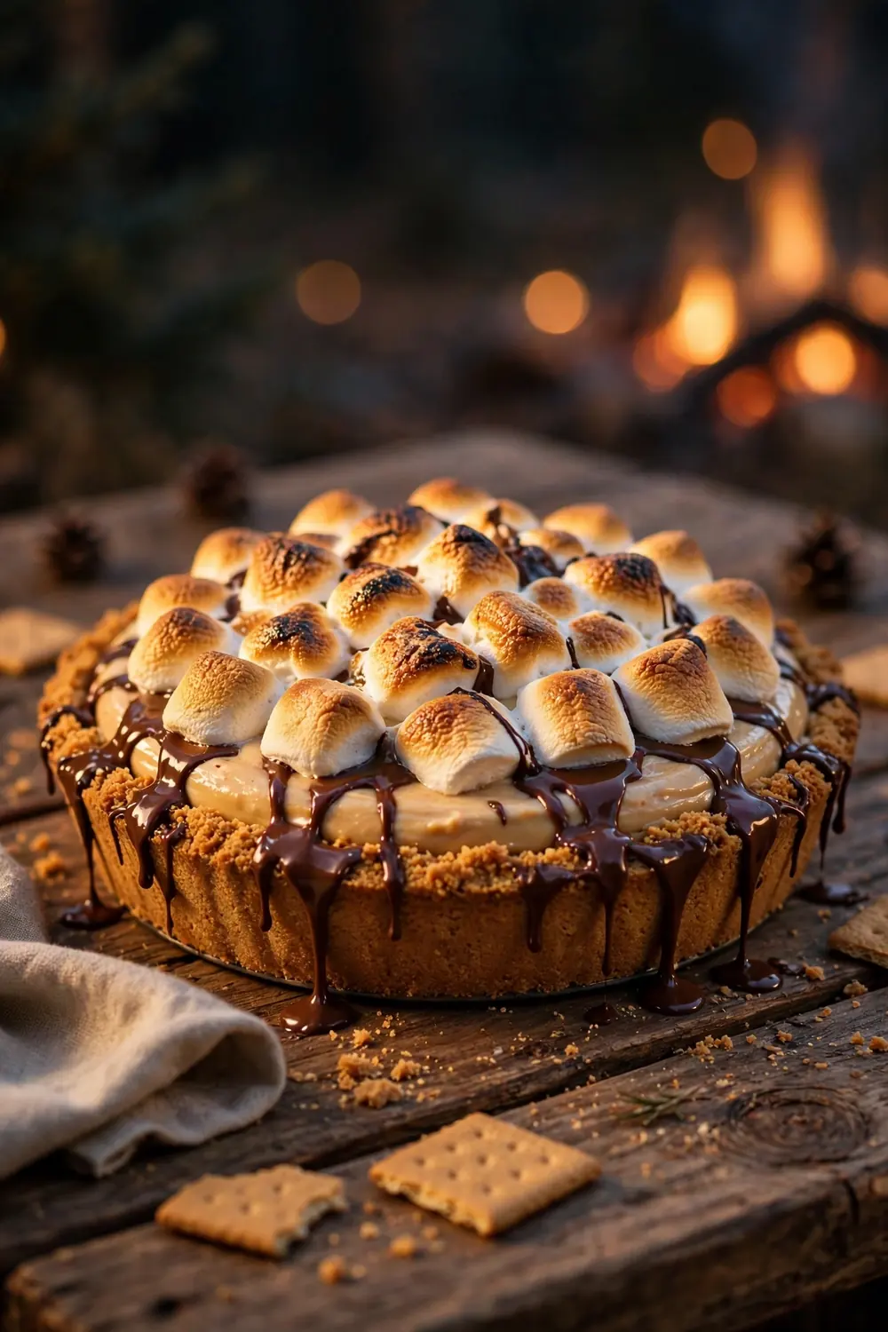 Peanut butter dessert topped with toasted marshmallows and melted chocolate