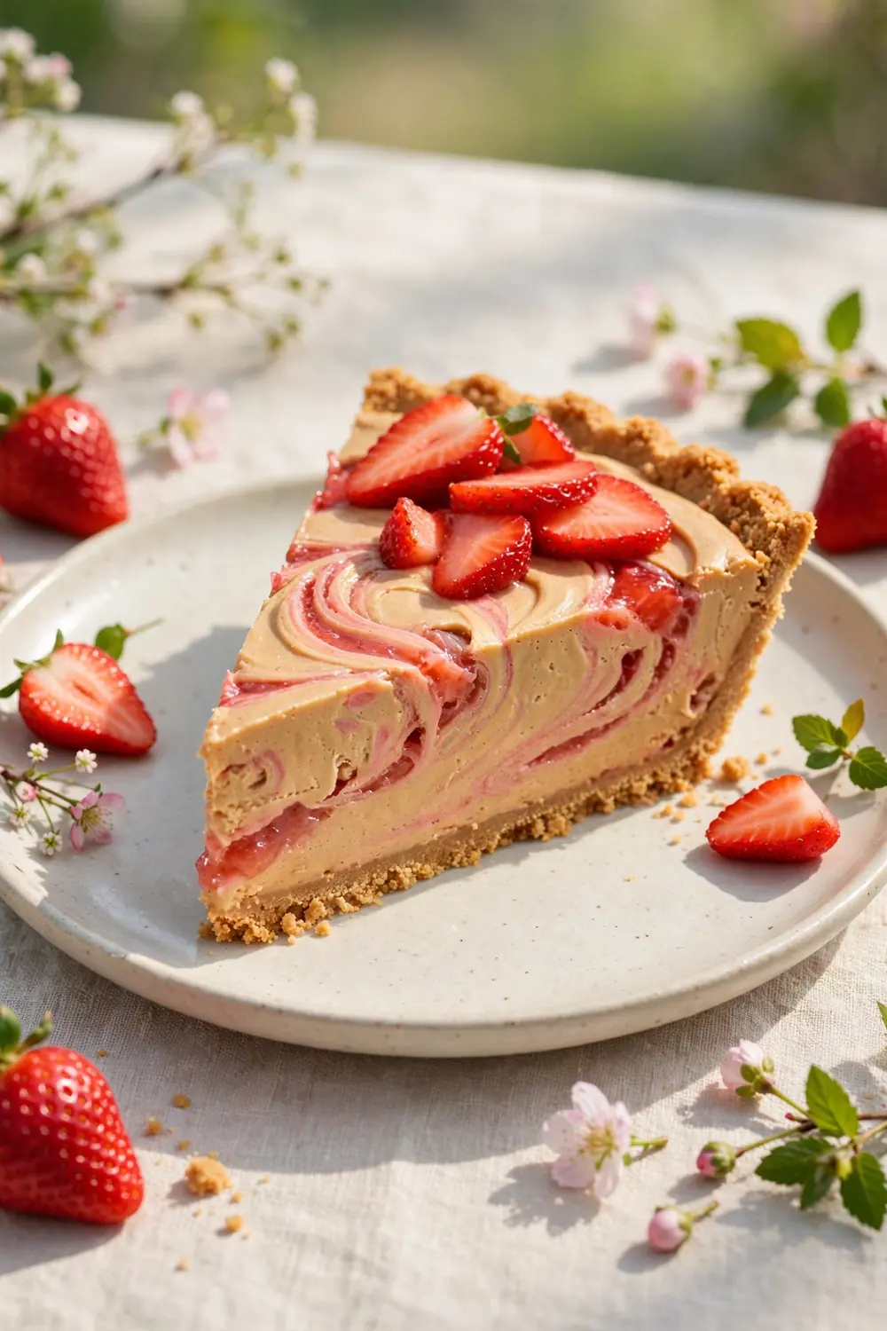 Peanut butter dessert slice swirled with strawberry jam and fresh strawberries