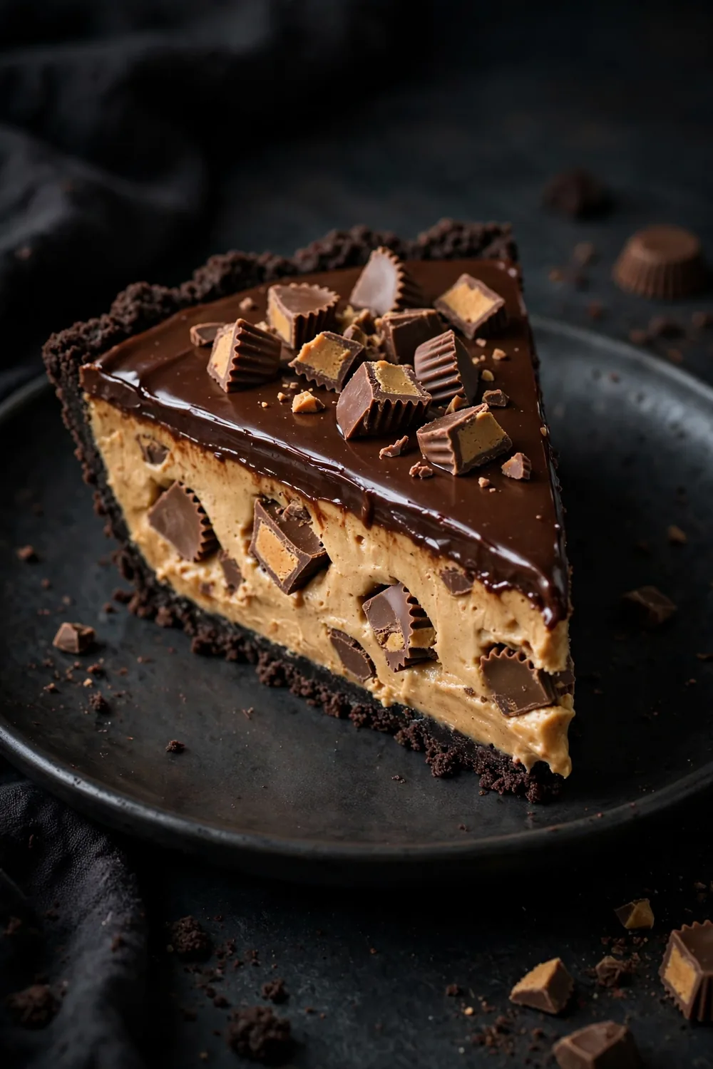 Peanut butter dessert slice with chocolate ganache and peanut butter cups